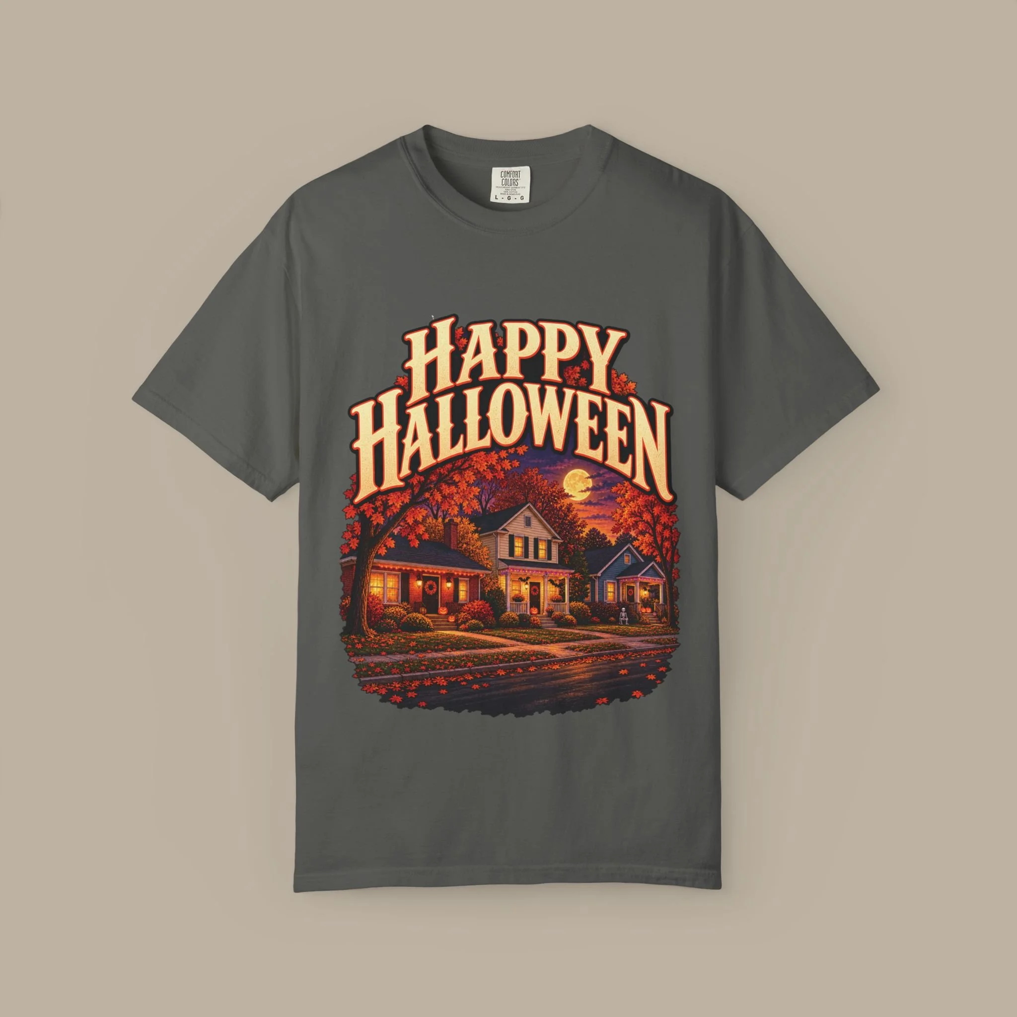 Pepper Happy Halloween tee, complete decorated neighborhood artwork on the front