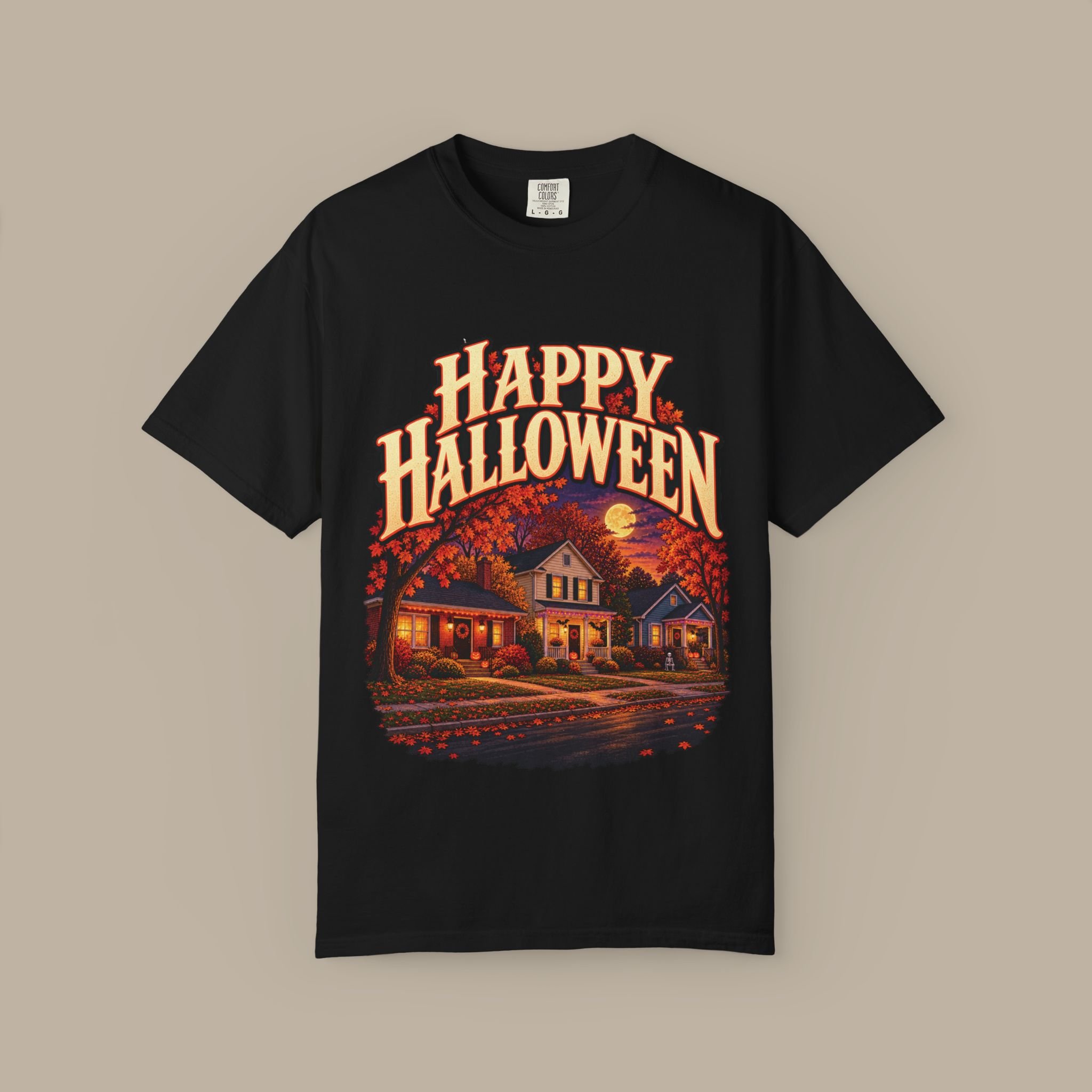 Black Happy Halloween tee with the approved neighborhood artwork
