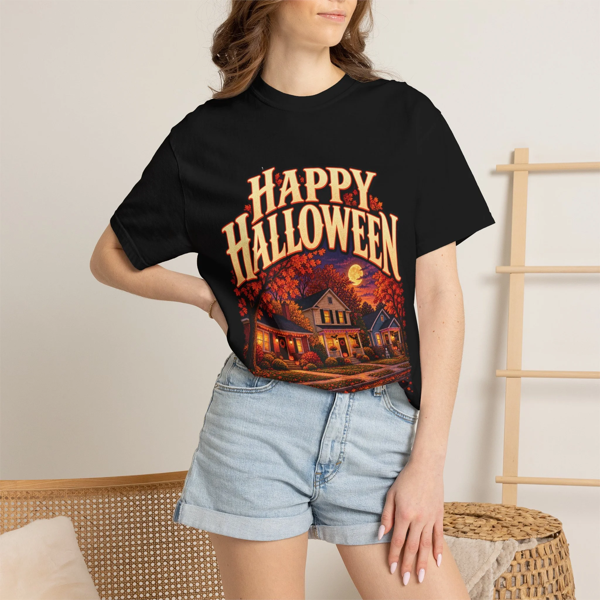 Model wearing Black Happy Halloween tee, front view