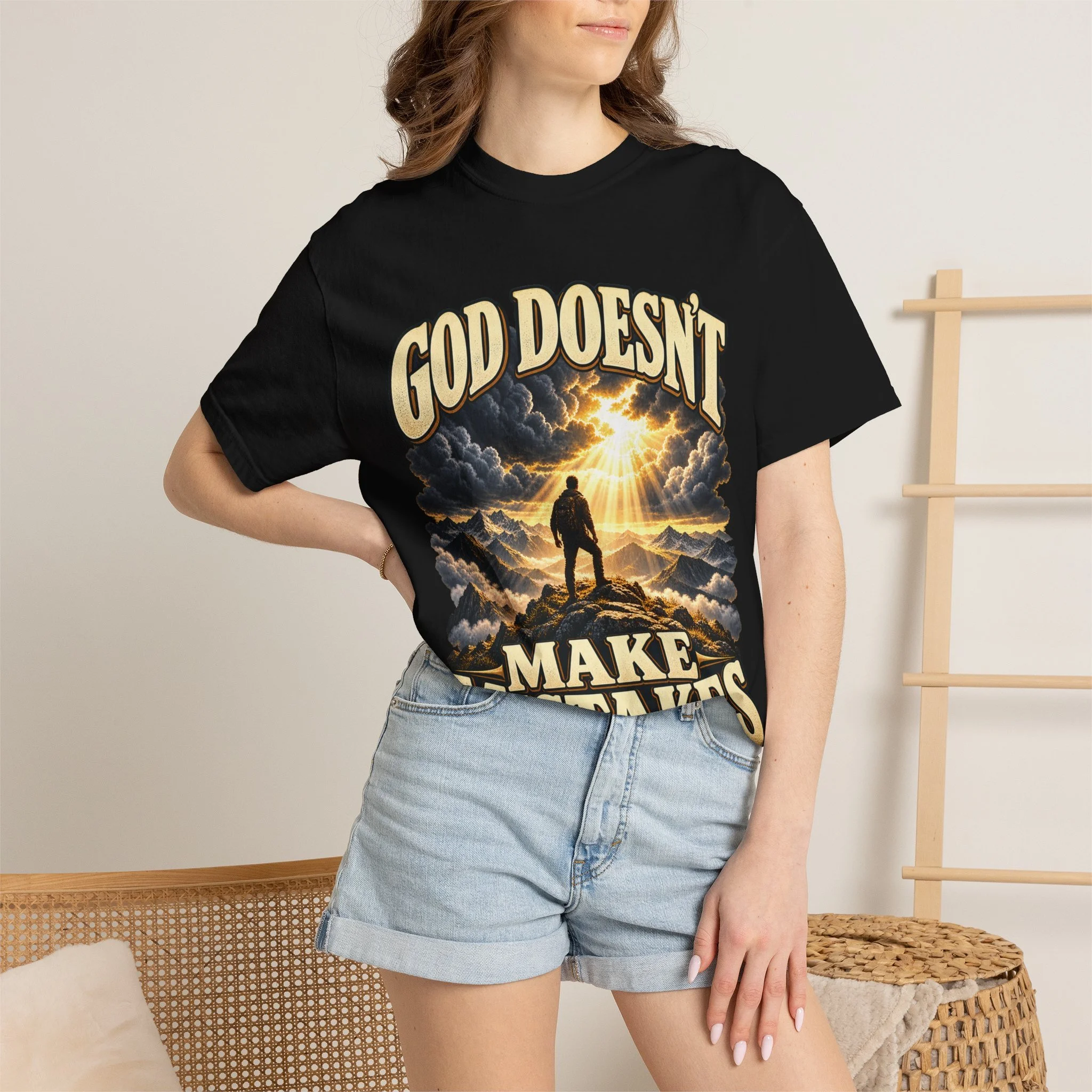 Model wearing Black mountain faith tee, front view