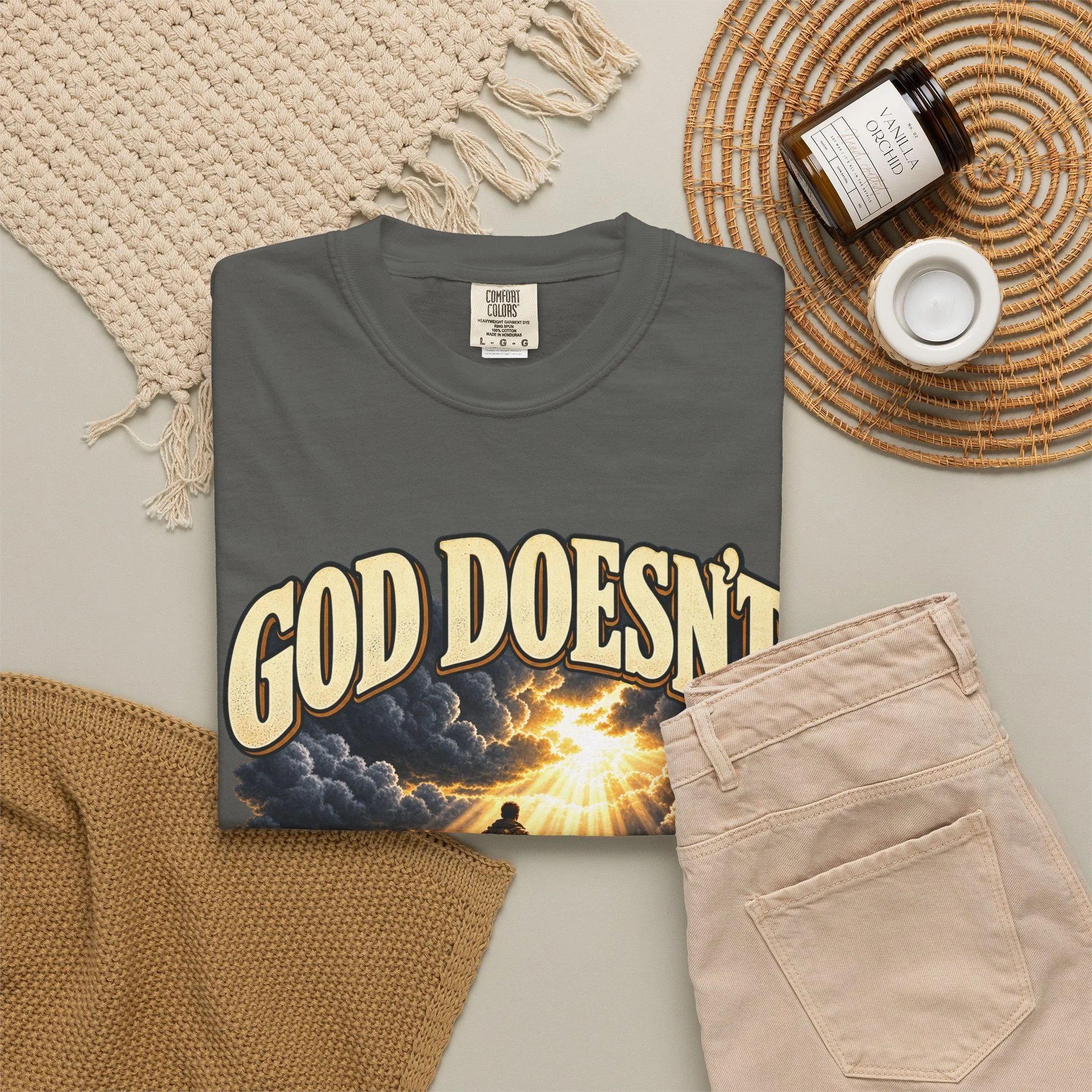 Folded Pepper mountain faith tee with styling props