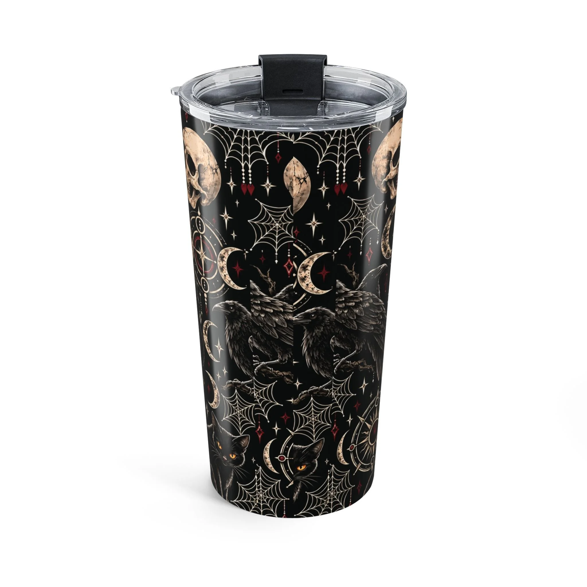 Back of the Gothic Magic tumbler showing ravens, black cats, moons and intricate gothic linework.