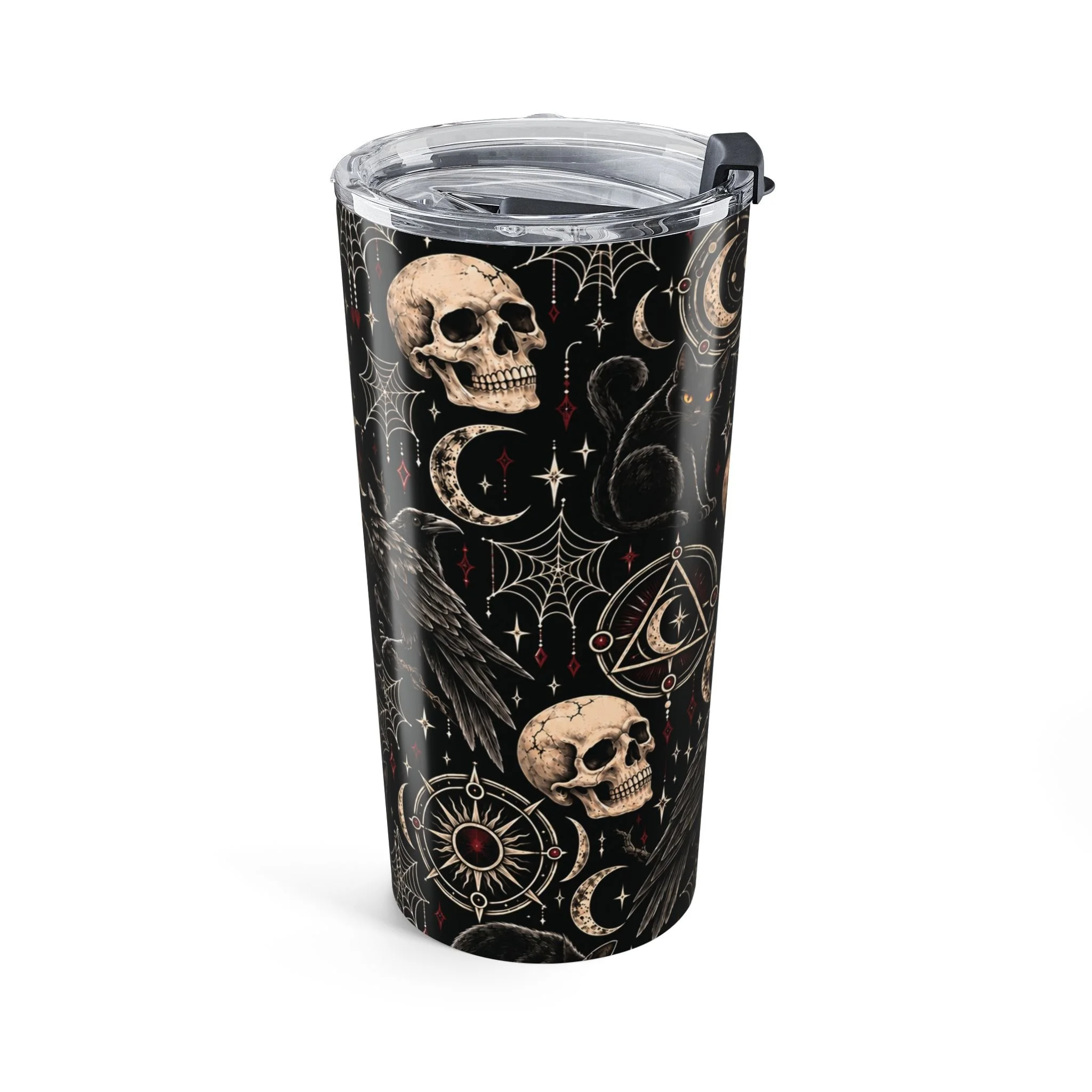 Left side of the Gothic Magic tumbler with skulls, cats and crescent moons in the wraparound print.