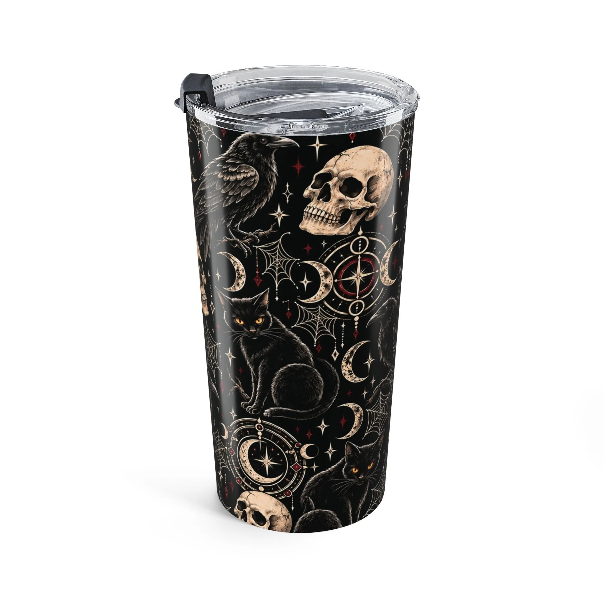 Right side of the Gothic Magic tumbler showing the continuous skull, raven and moon design.