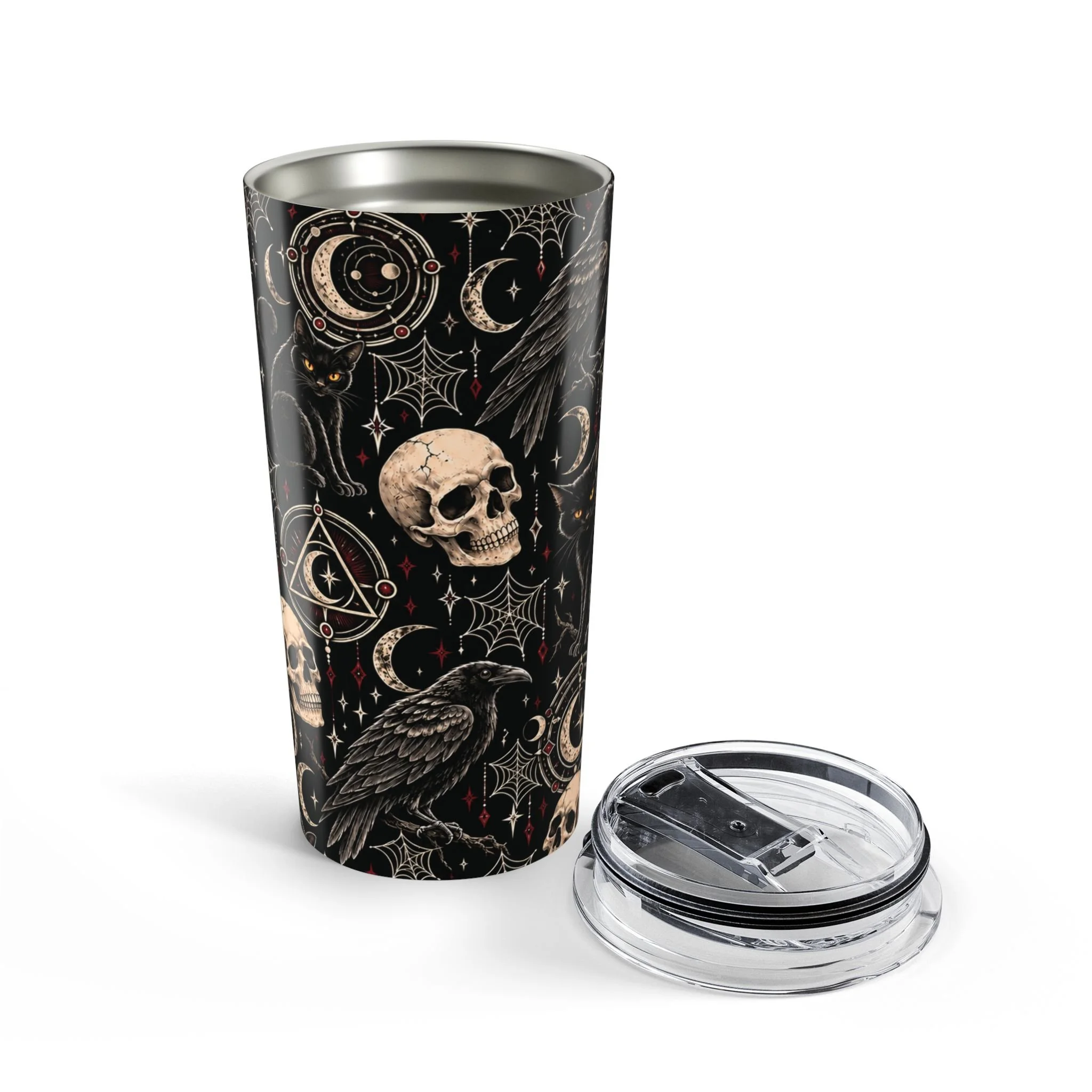 Gothic Magic insulated tumbler with its clear lid removed beside the cup.