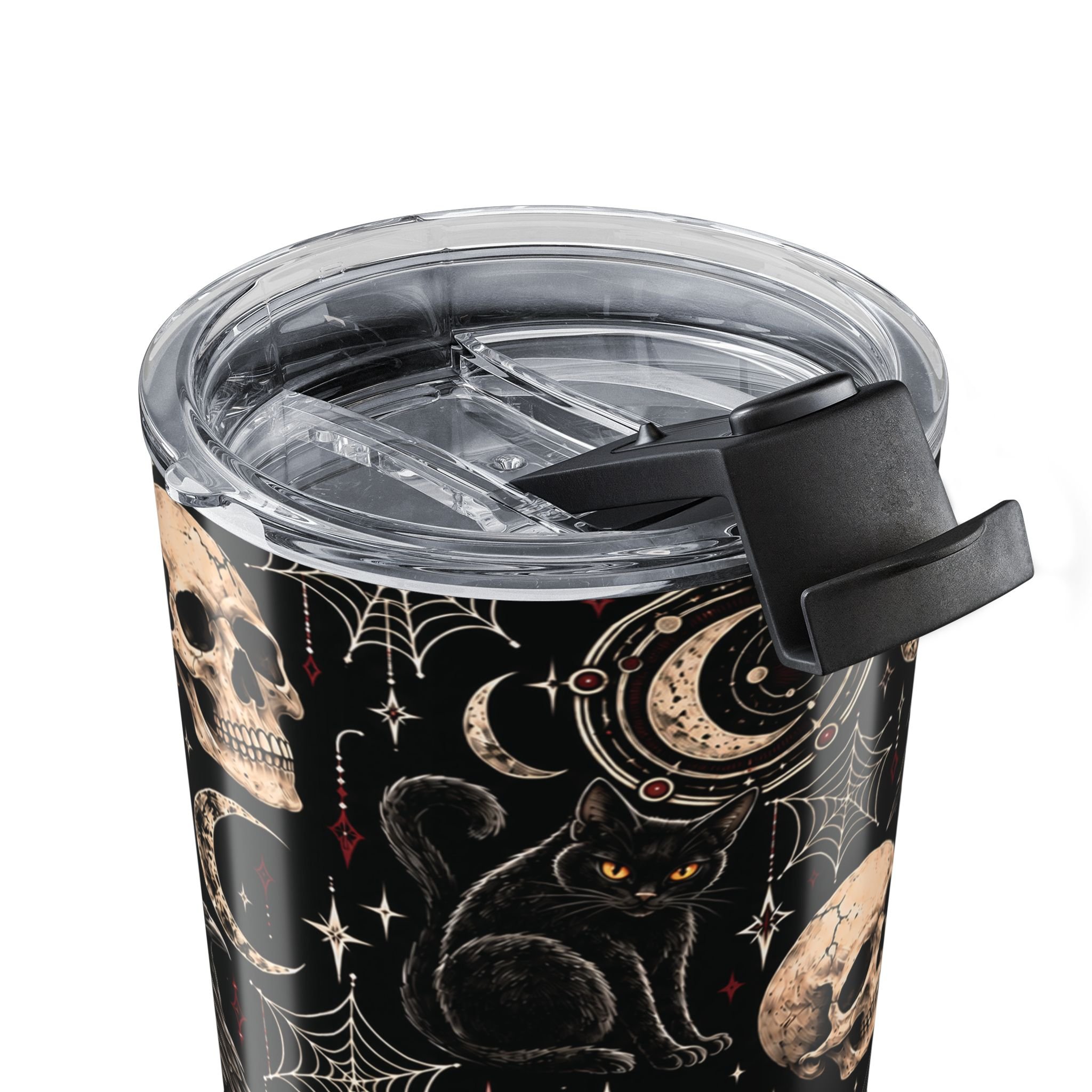 Close-up of the Gothic Magic tumbler’s clear push-on lid, gasket and printed upper edge.