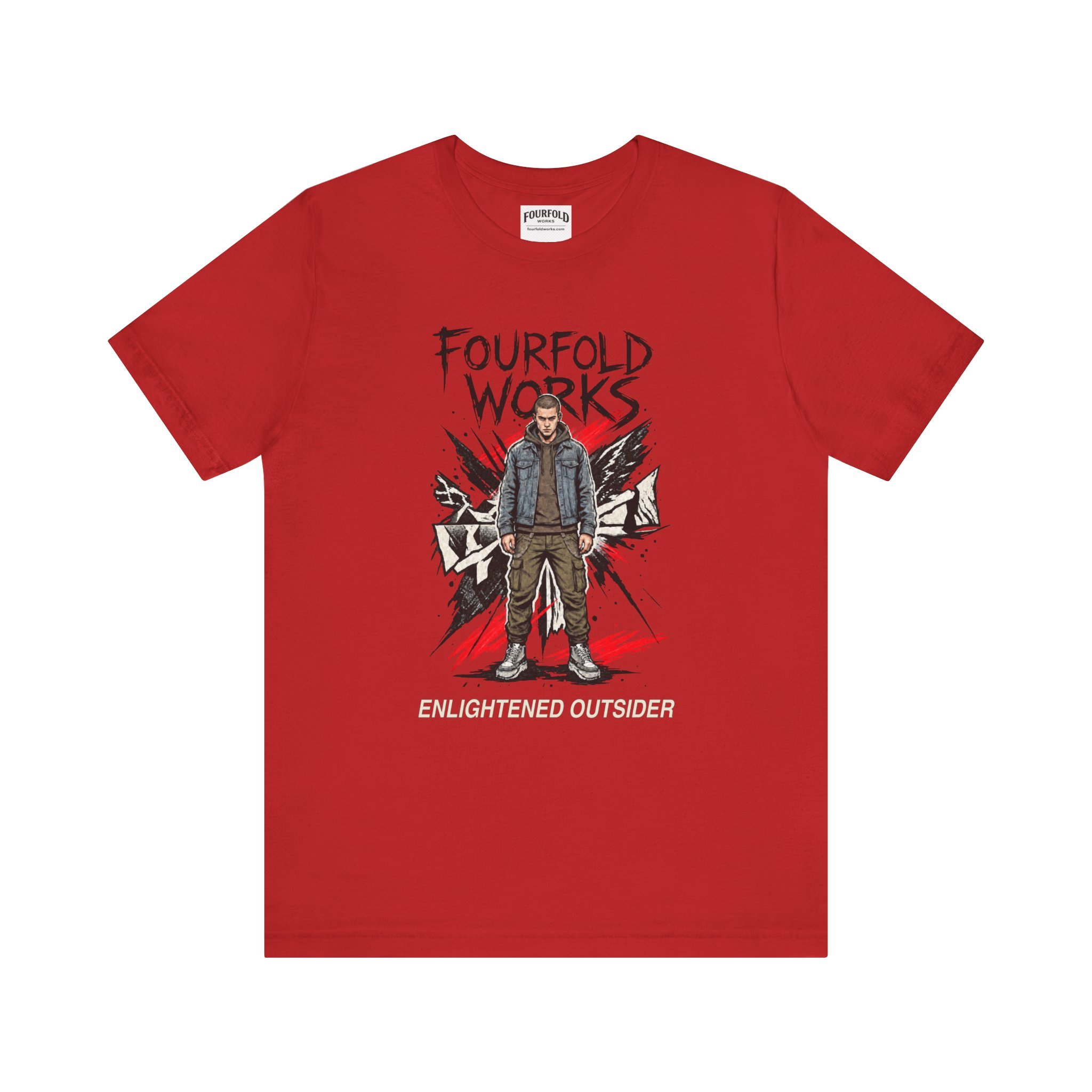 Front of the Red Enlightened Outsider T-shirt with the original dark Fourfold Works header and readable Enlightened Outsider slogan.