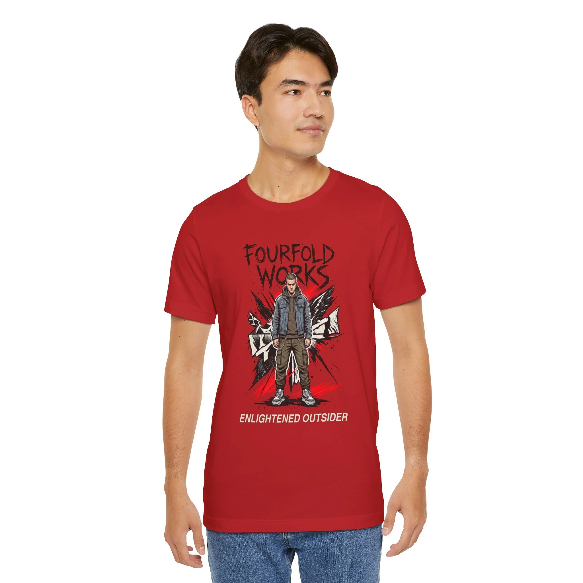 Person wearing the Red Enlightened Outsider T-shirt, showing the complete approved front character artwork.