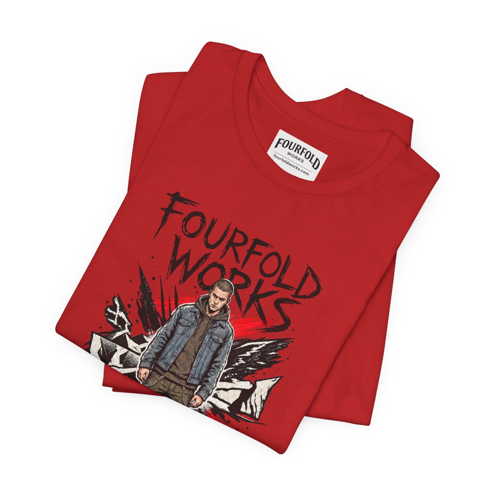 Folded Red Enlightened Outsider T-shirt with the original dark header and approved character artwork.