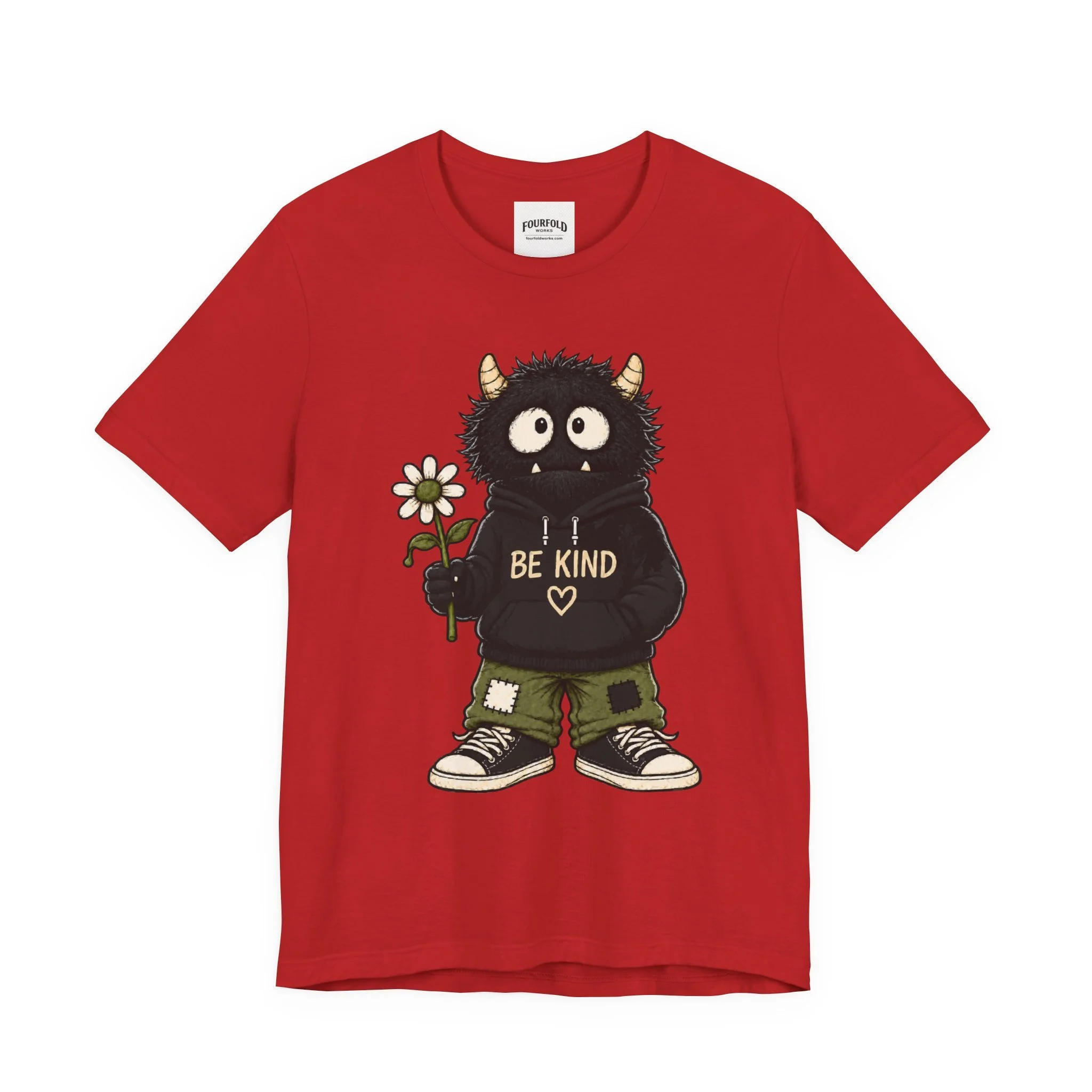 Red Be Kind T-shirt, full front view of the complete monster and BE KIND print.