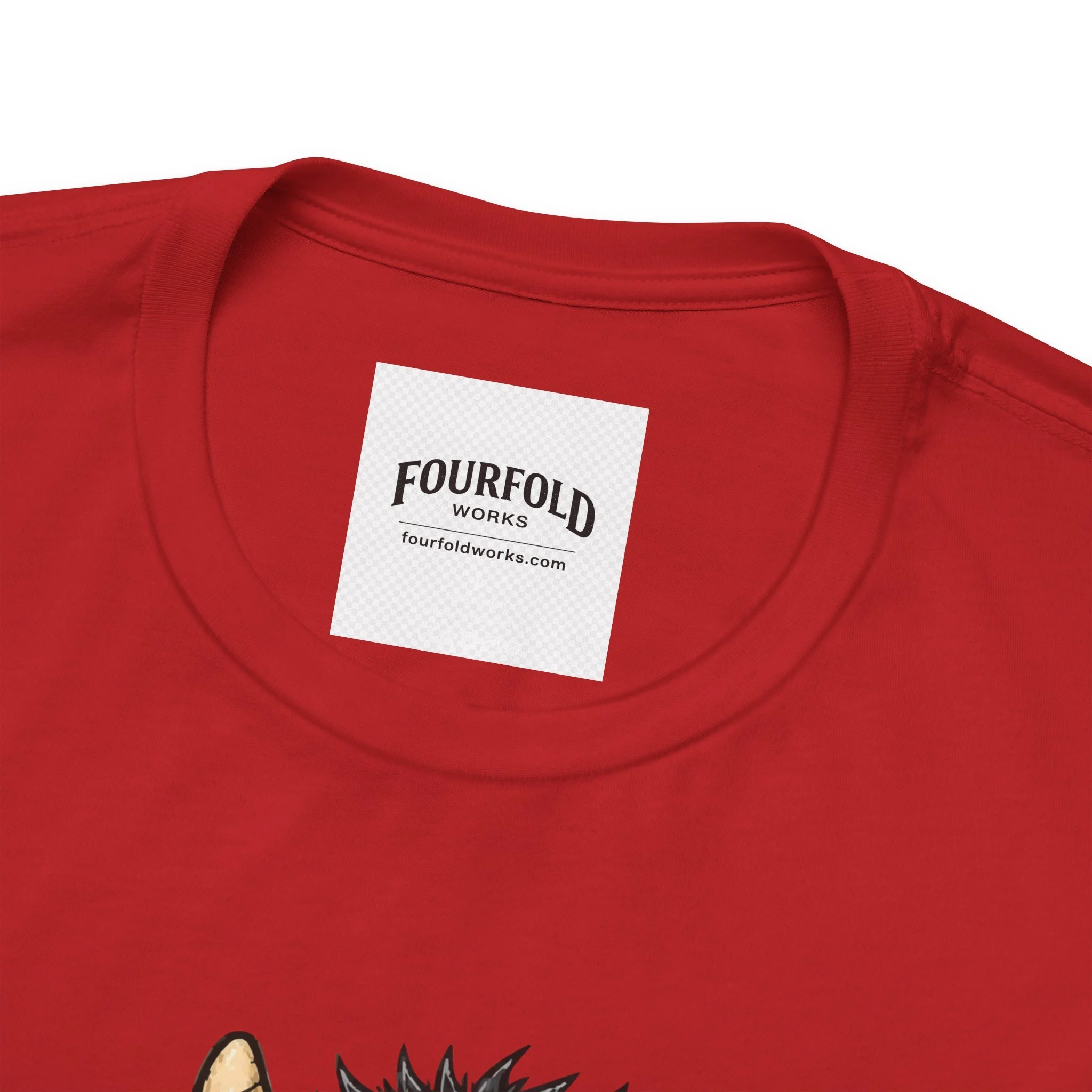 Red Be Kind T-shirt collar close-up showing the Fourfold Works neck label.