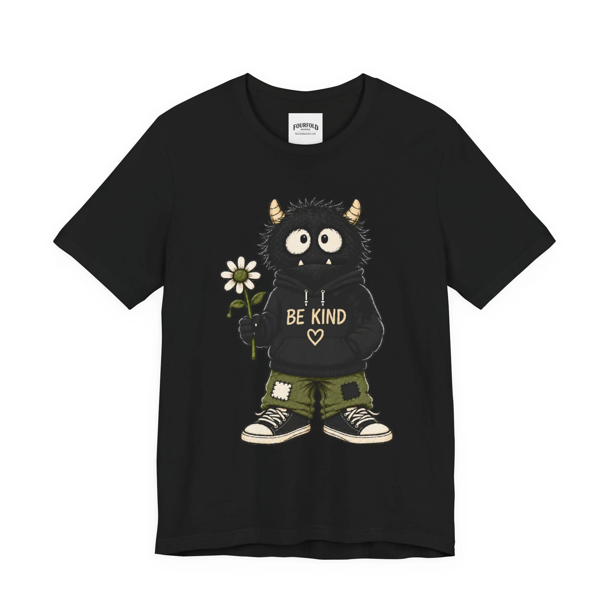 Black Be Kind T-shirt, full front view of the complete monster and BE KIND print.