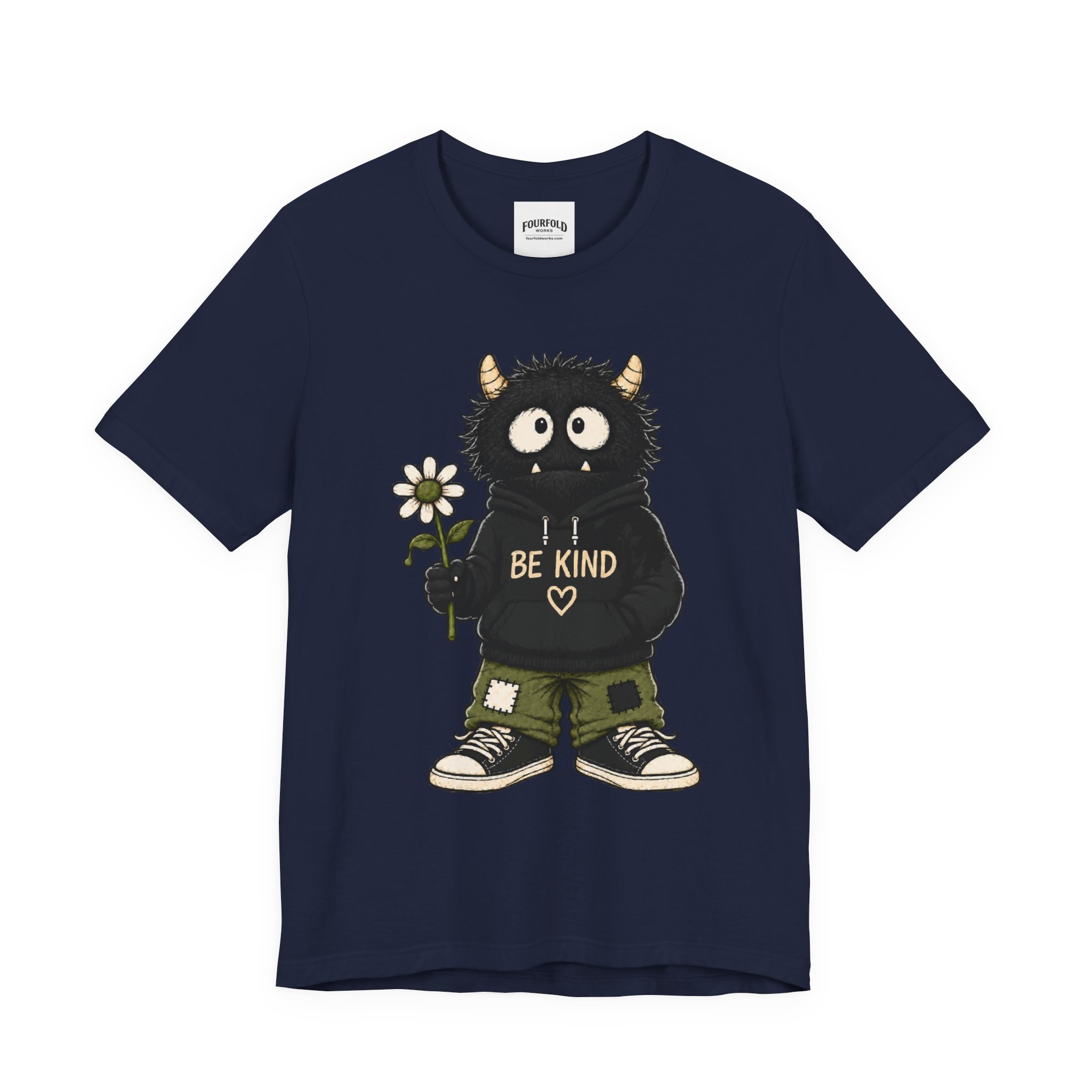 Navy Be Kind T-shirt, full front view of the complete monster and BE KIND print.