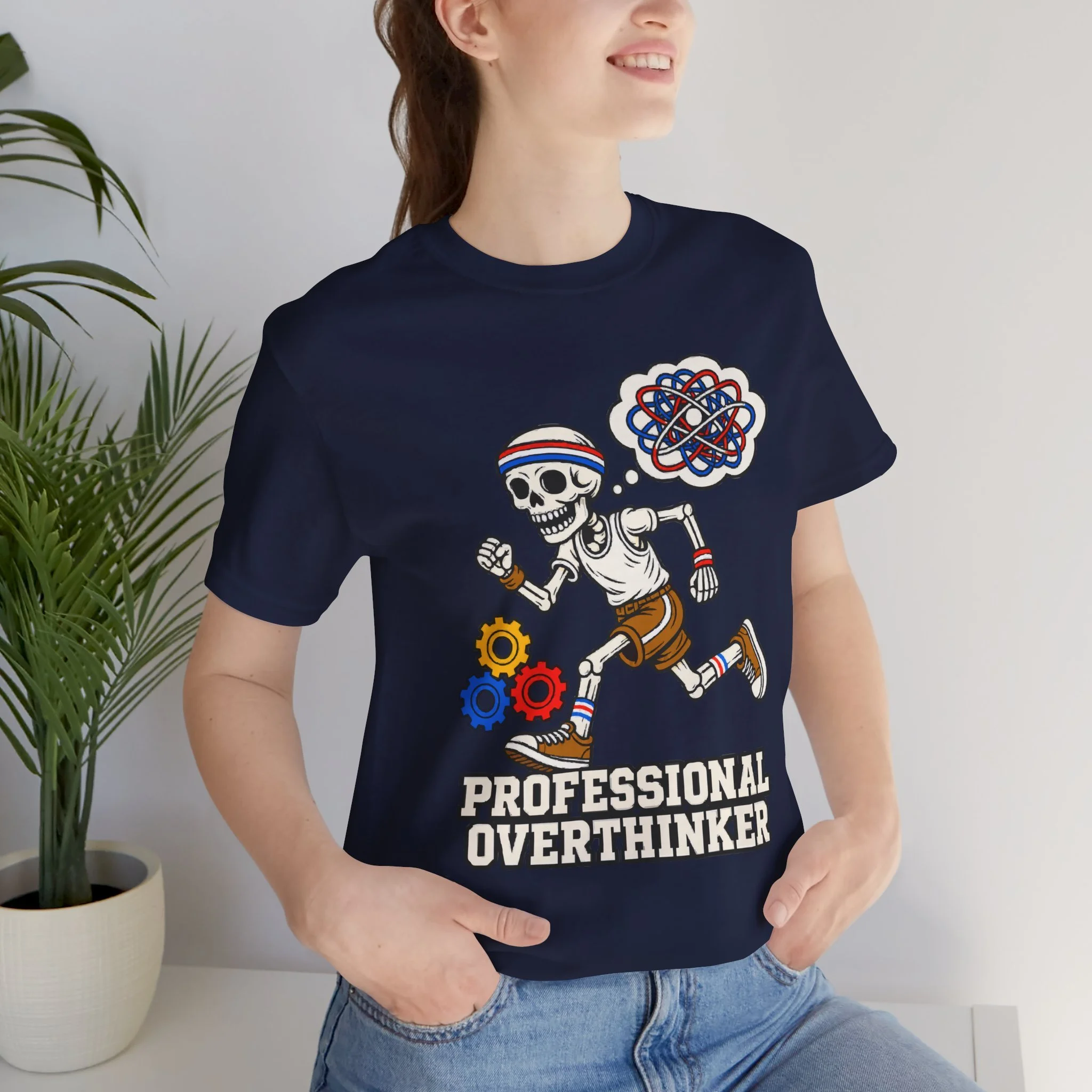Person wearing the Navy Professional Overthinker T-shirt, showing the complete skeleton, thoughts and PROFESSIONAL OVERTHINKER print.