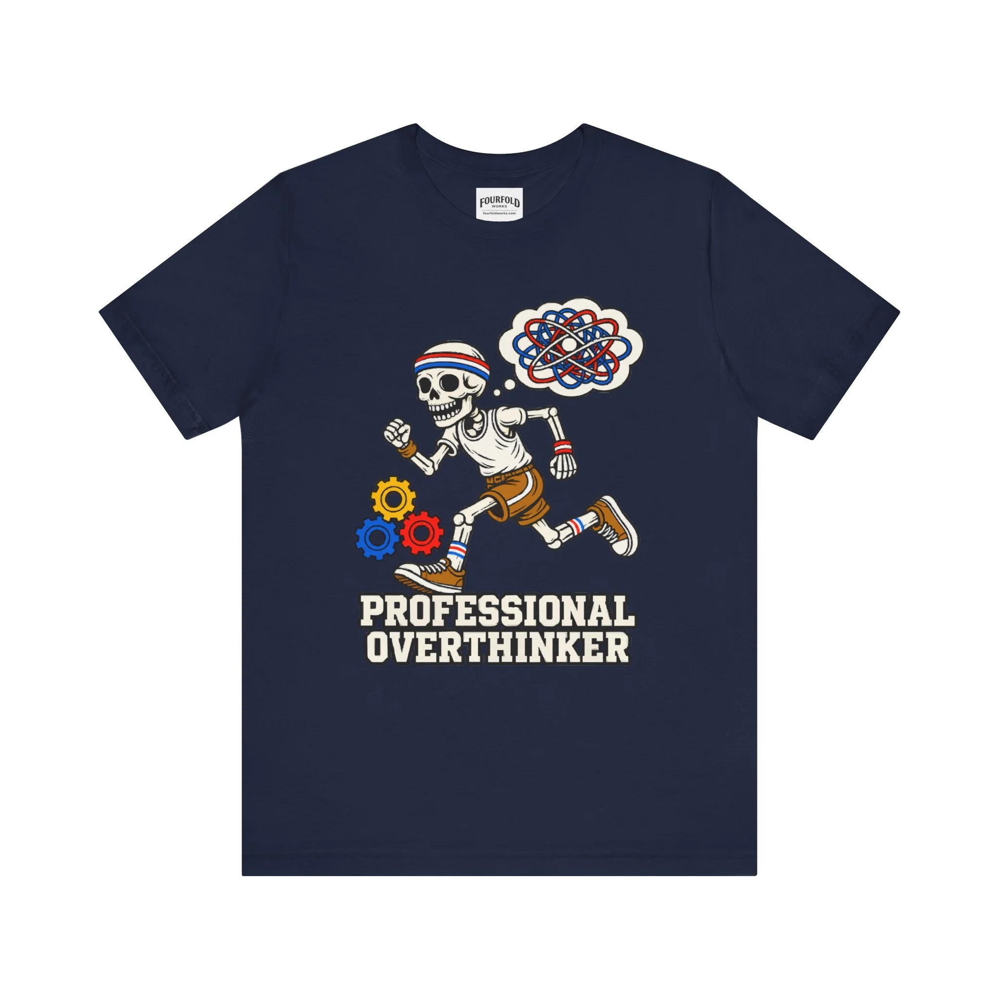 Navy Professional Overthinker T-shirt, full front view of the complete skeleton and thought graphics.