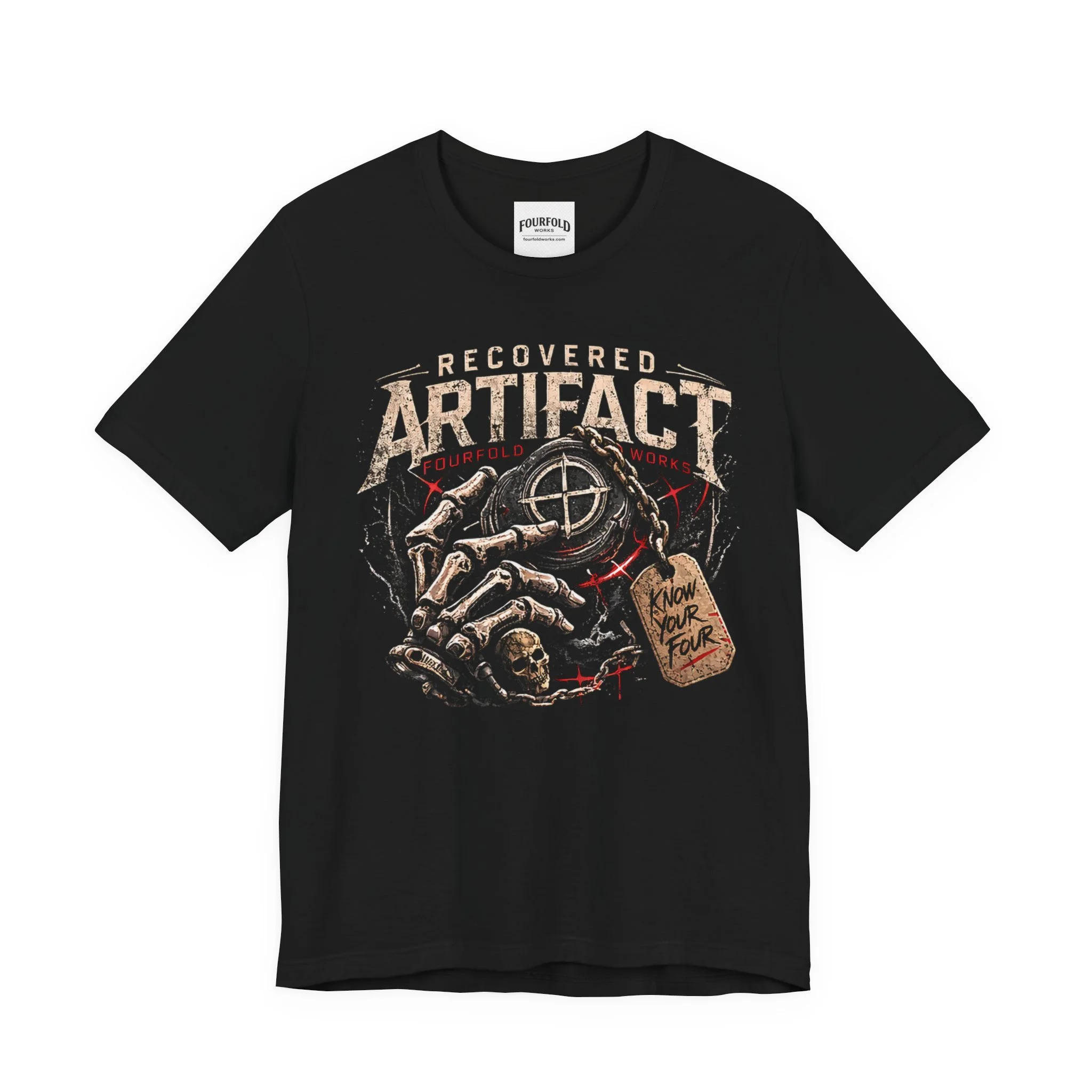 Black Recovered Artifact T-shirt, full front view of the original vintage design and complete lettering.