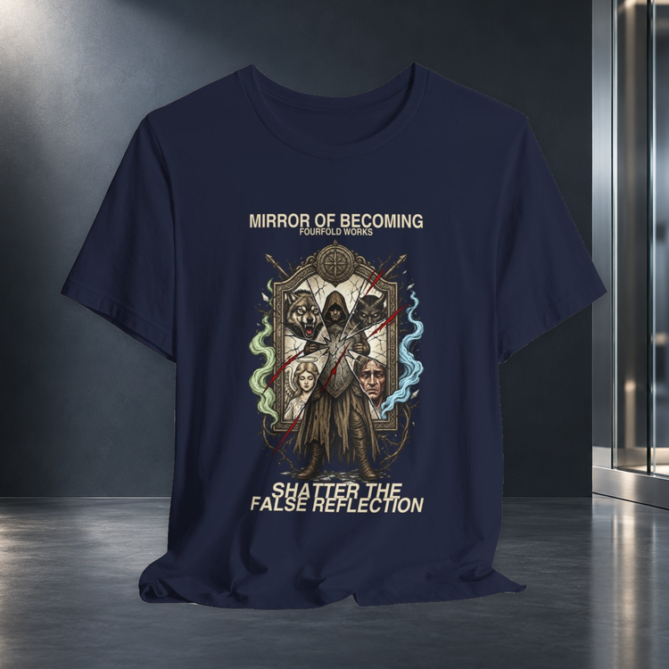 Navy Mirror of Becoming T-shirt hanging upright against the approved charcoal wall and glass background, with complete cracked-mirror artwork and lettering.