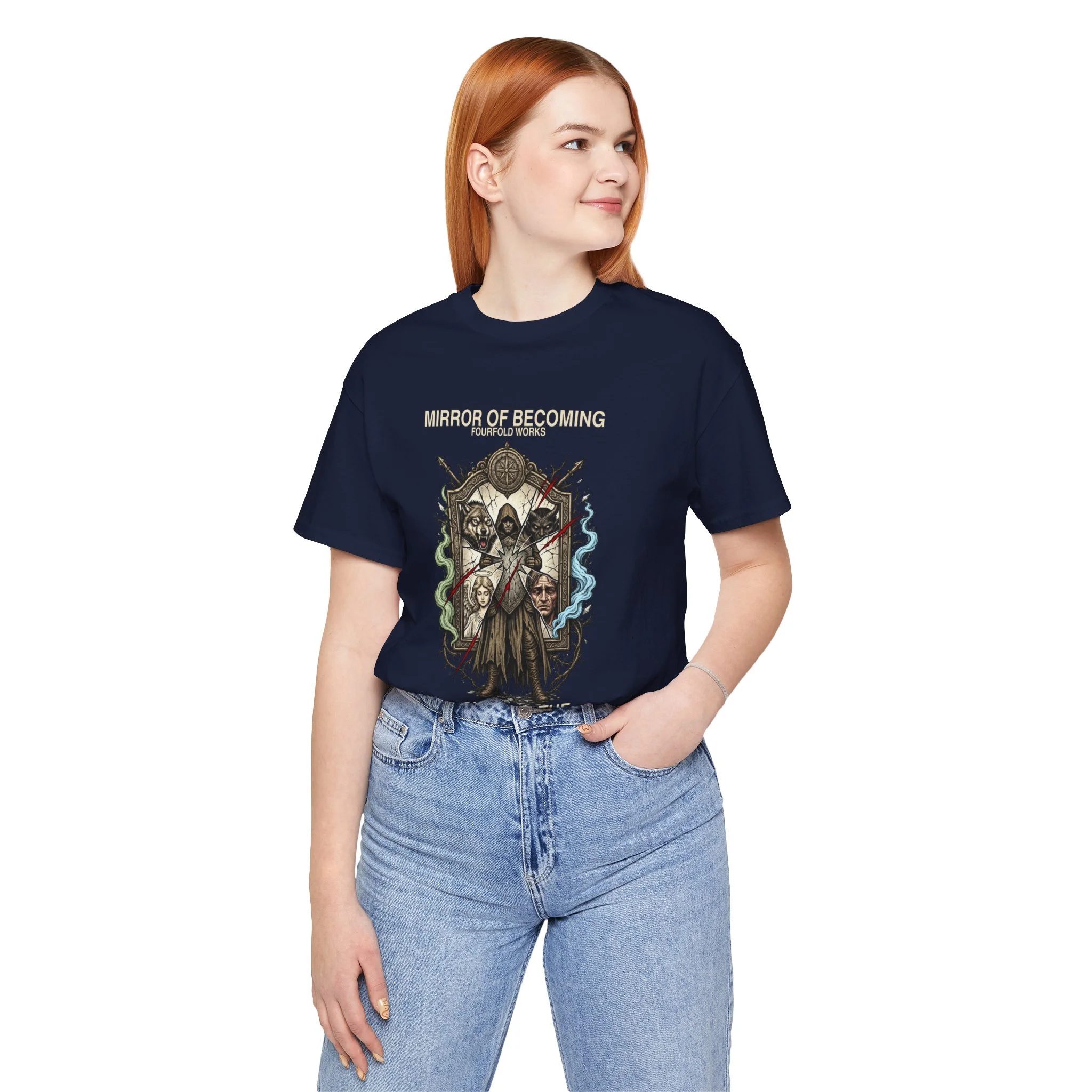 Person wearing the Navy Mirror of Becoming T-shirt, showing the front graphic.