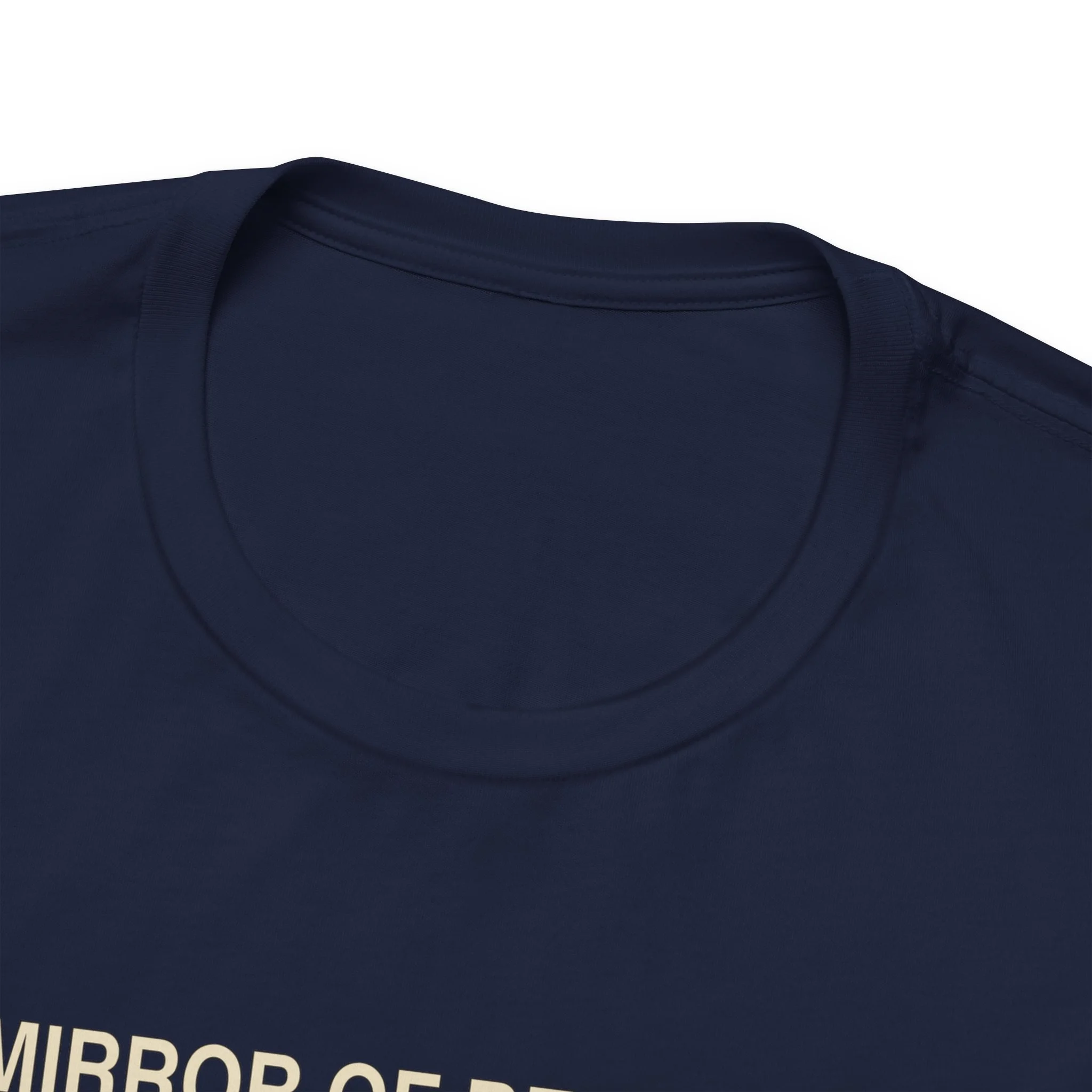 Close view of the Navy Mirror of Becoming T-shirt collar and upper chest print.