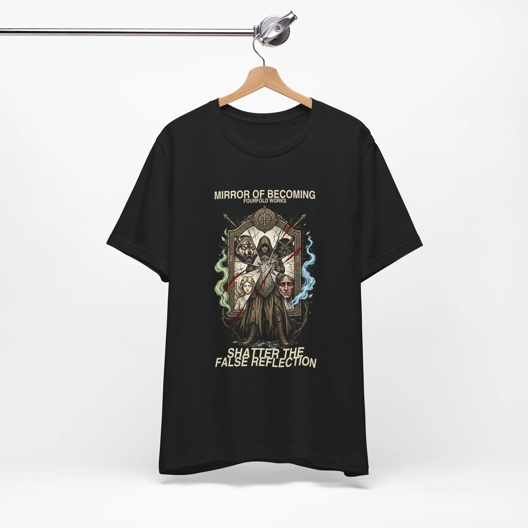 Black Mirror of Becoming T-shirt hanging upright, showing the complete front design.
