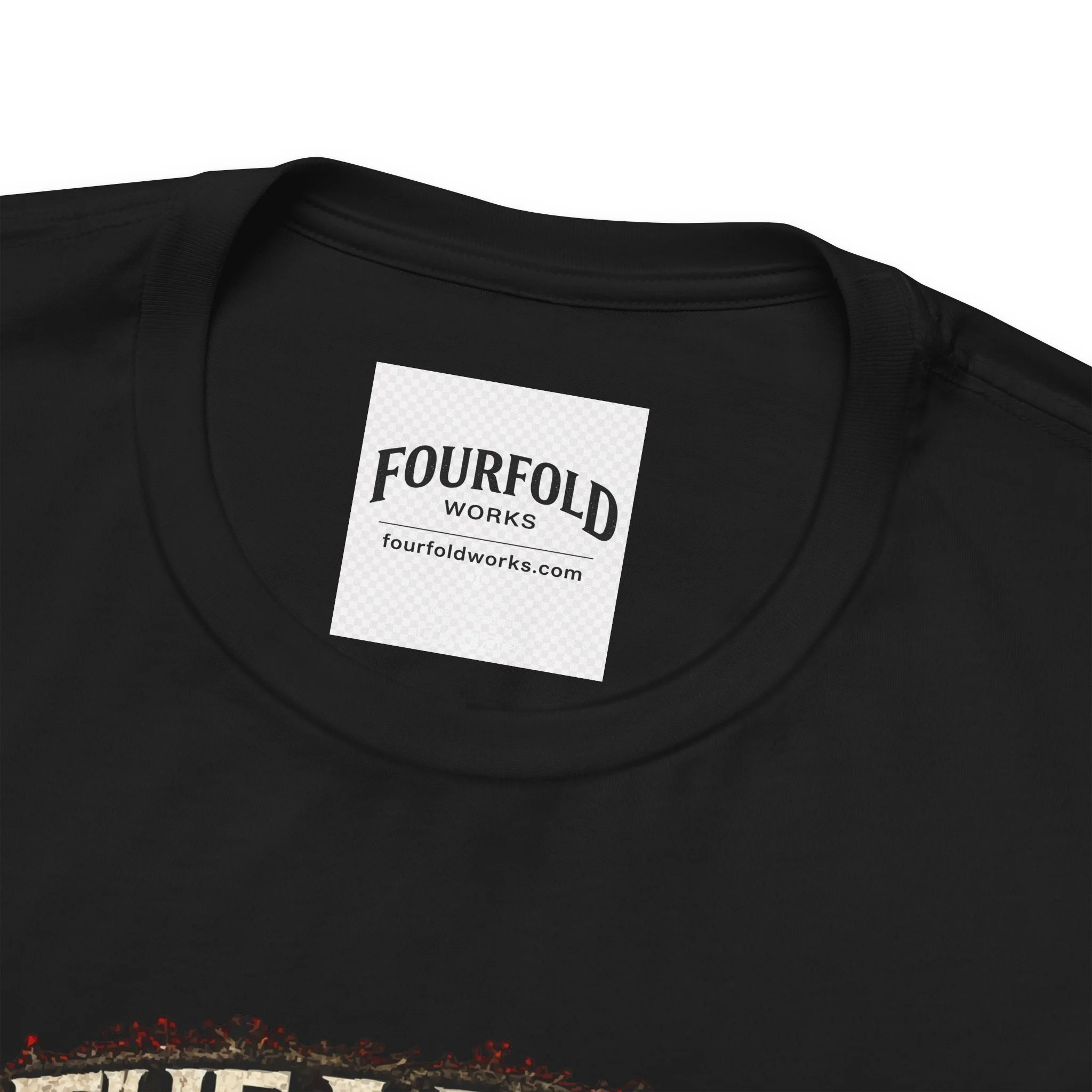 Black The Mask You Feed T-shirt collar close-up showing the Fourfold Works neck label.