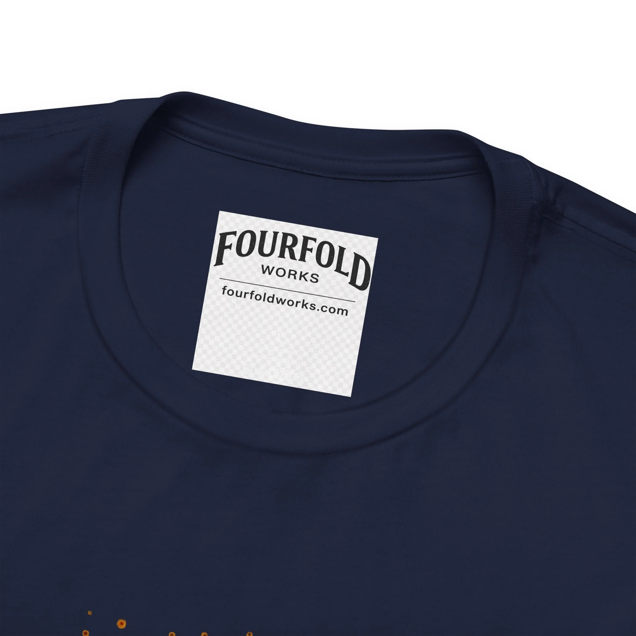 Navy Compass of Fourfold T-shirt collar close-up showing the Fourfold Works neck label.