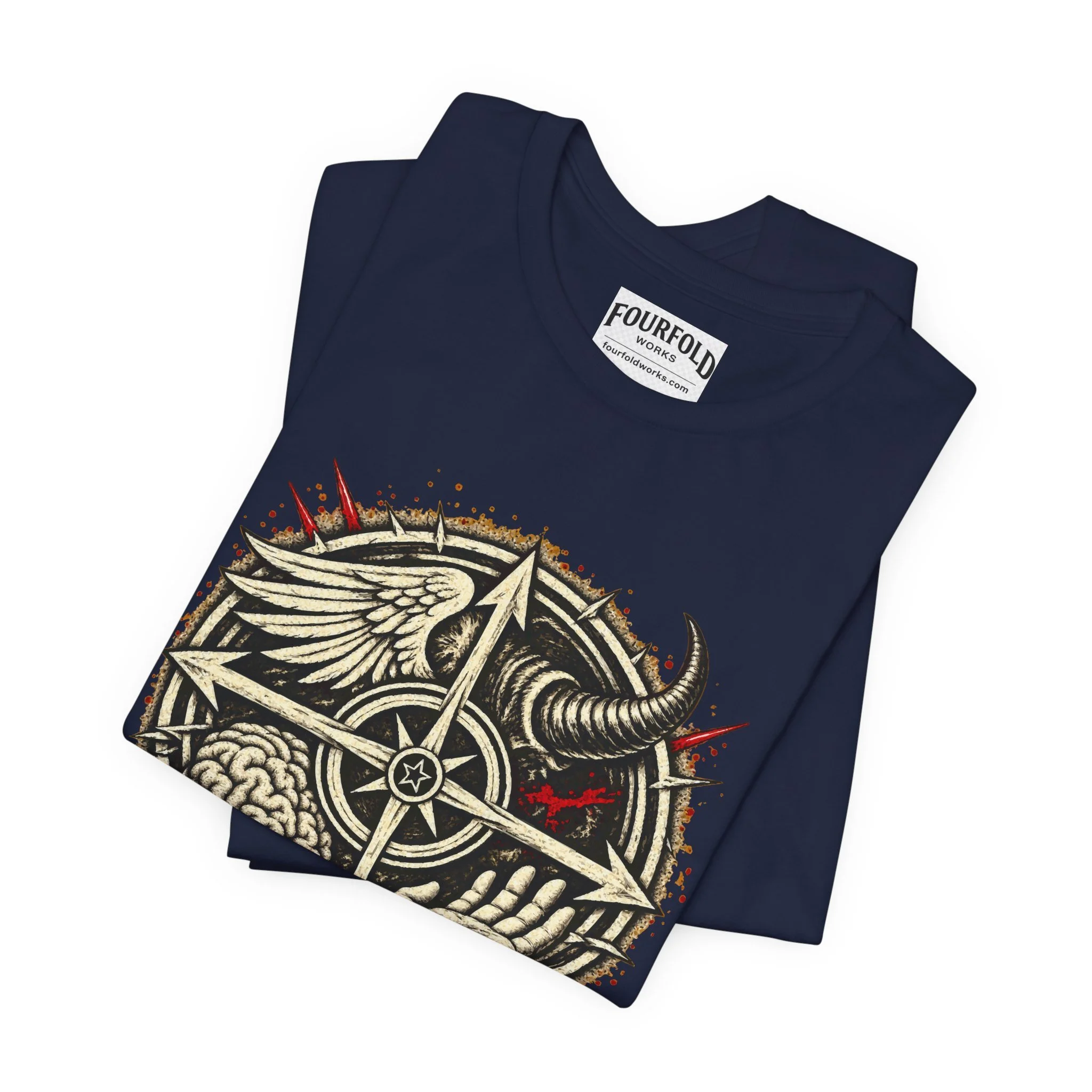 Folded Navy Compass of Fourfold T-shirt showing the winged compass artwork and neck label.