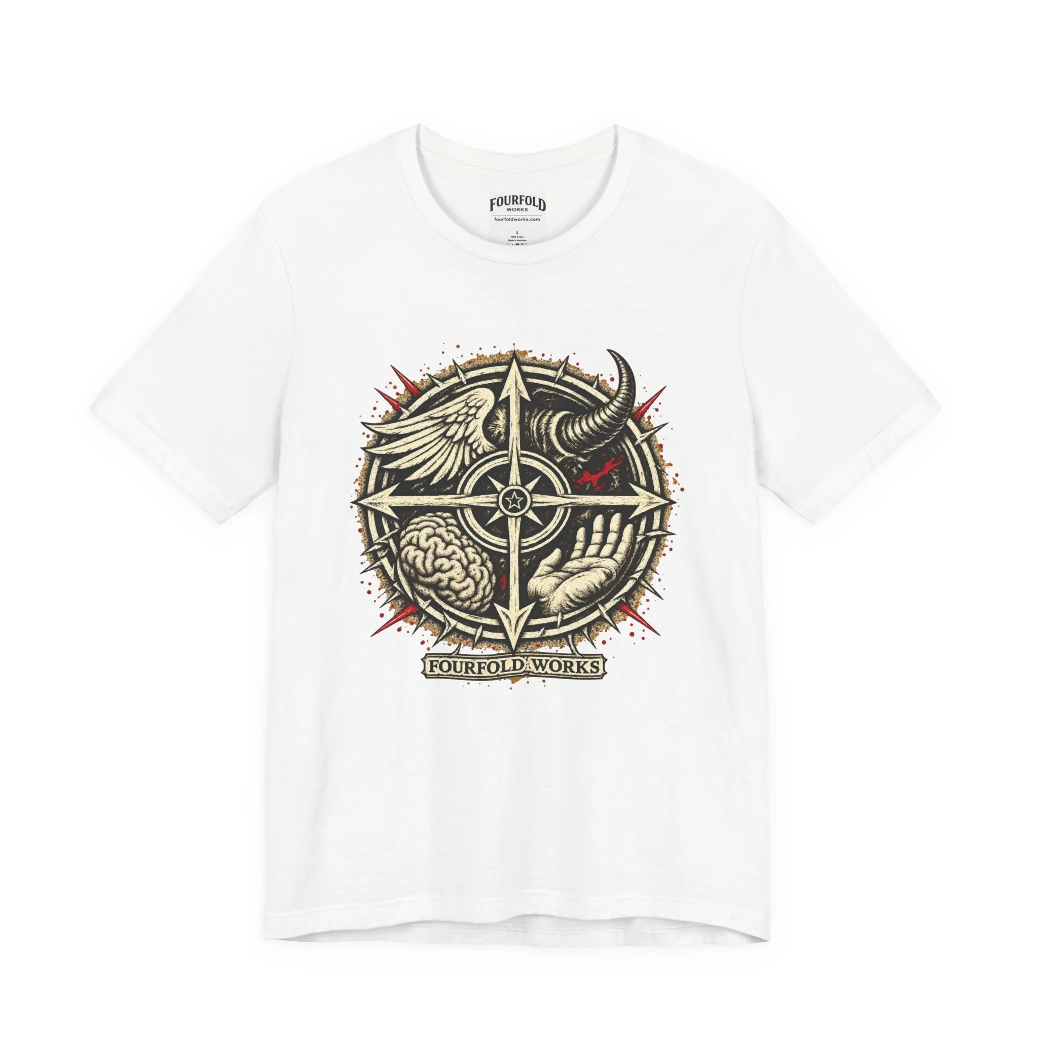White Compass of Fourfold T-shirt, full front view of the winged compass artwork.