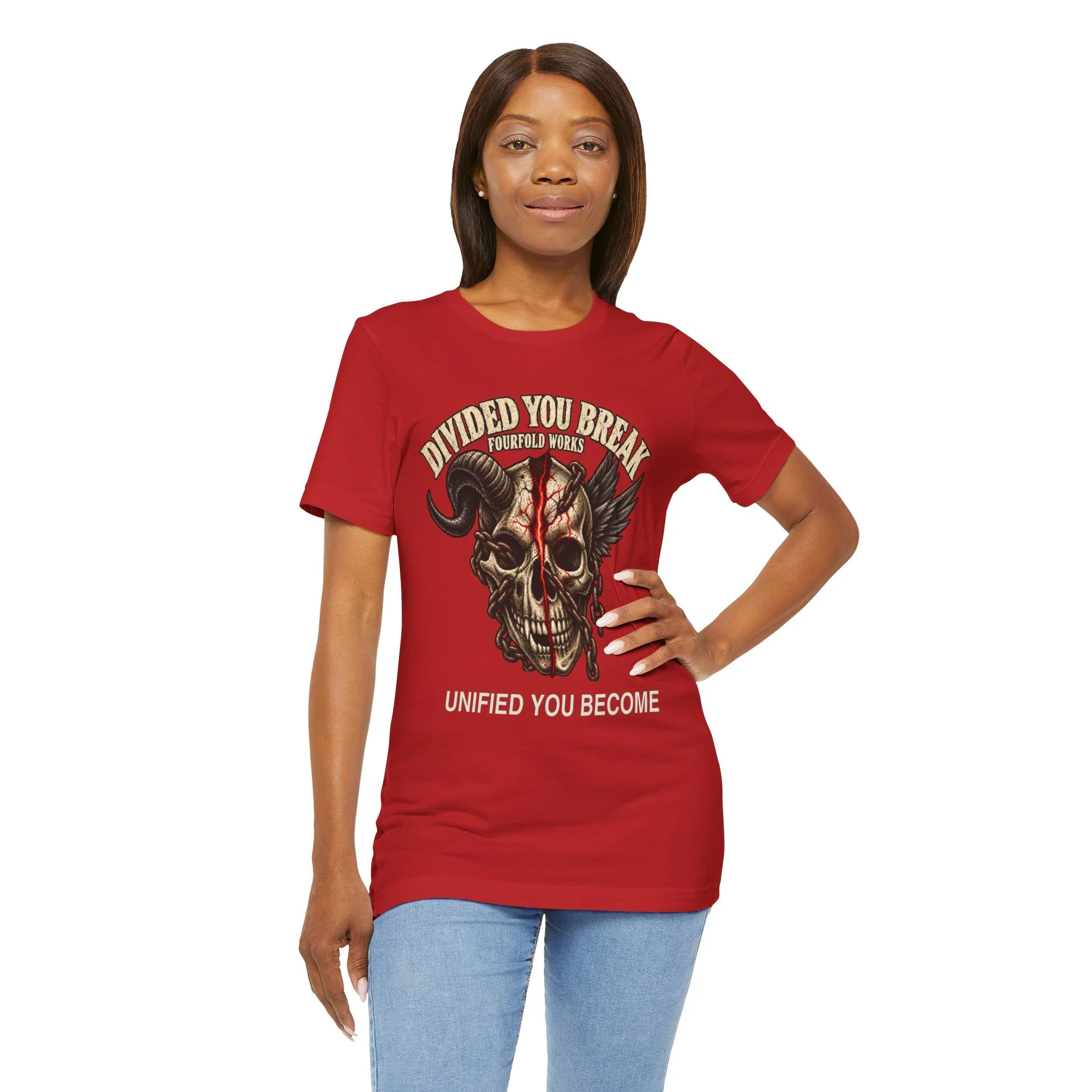 Person wearing the Red Skull Split T-shirt; the tucked lower hem partly conceals the lower slogan.