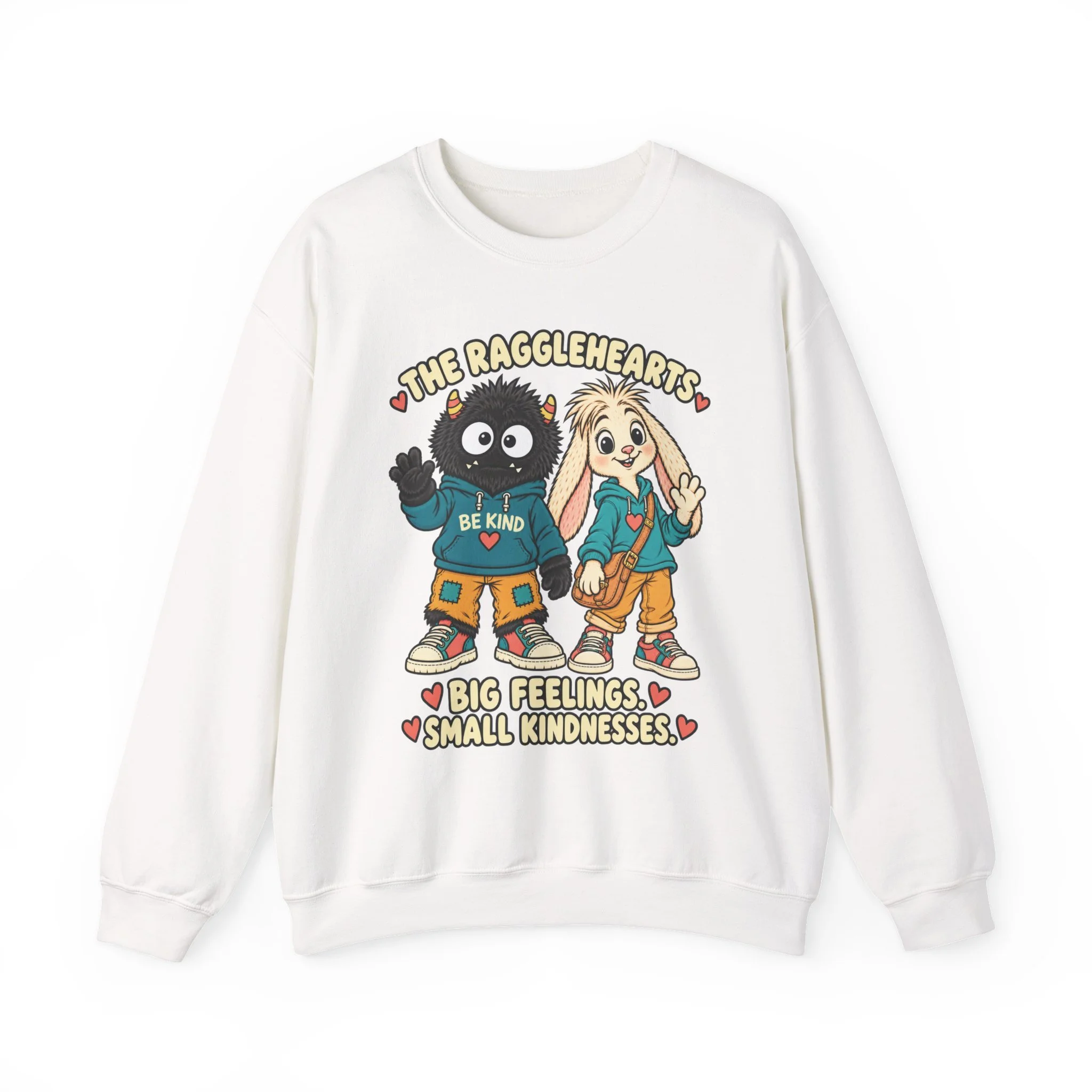 Ragglehearts White sweatshirt front, with complete enlarged lettering, black-furred Bimble and cream-furred Loppin, teal hoodies, ochre trousers and coral hearts.