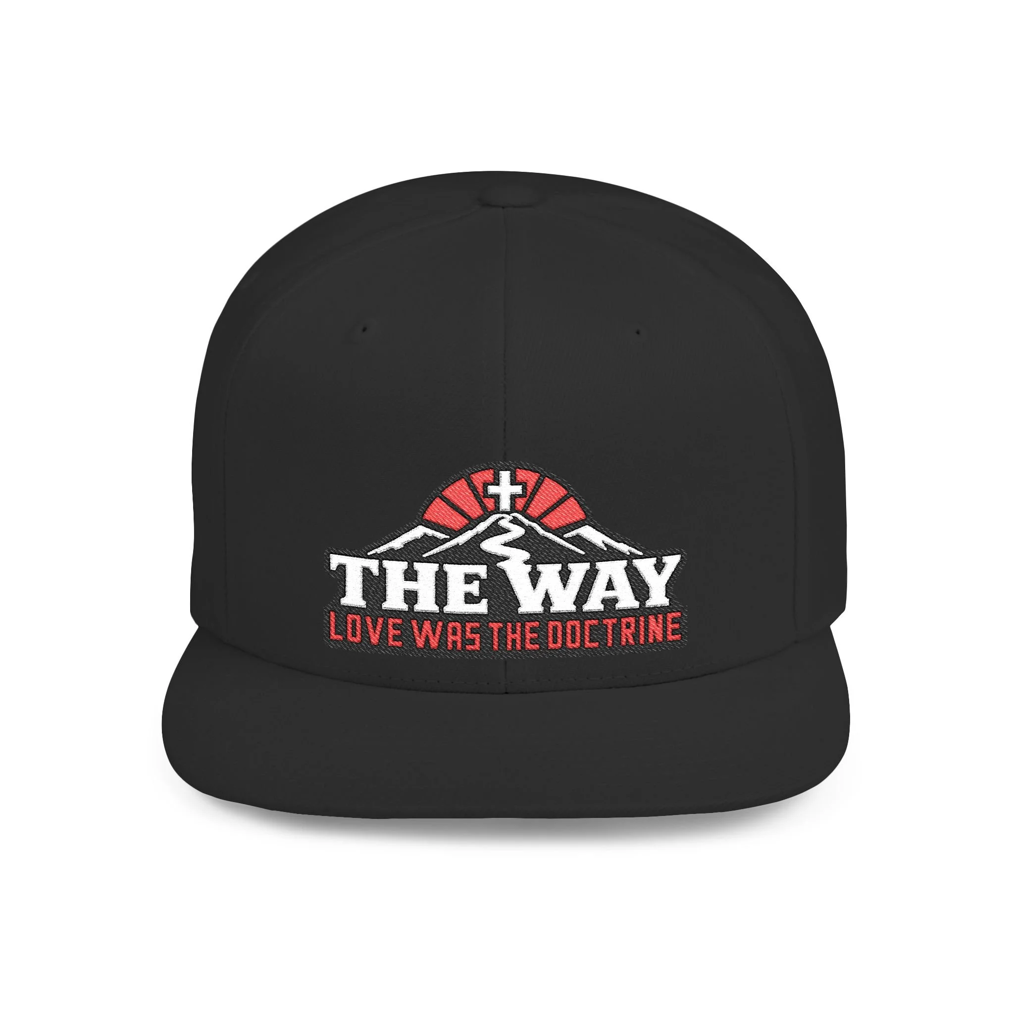 The Way Yupoong 6089M snapback in Black, front view with the approved v4 cross, mountain, path and complete LOVE WAS THE DOCTRINE embroidery.