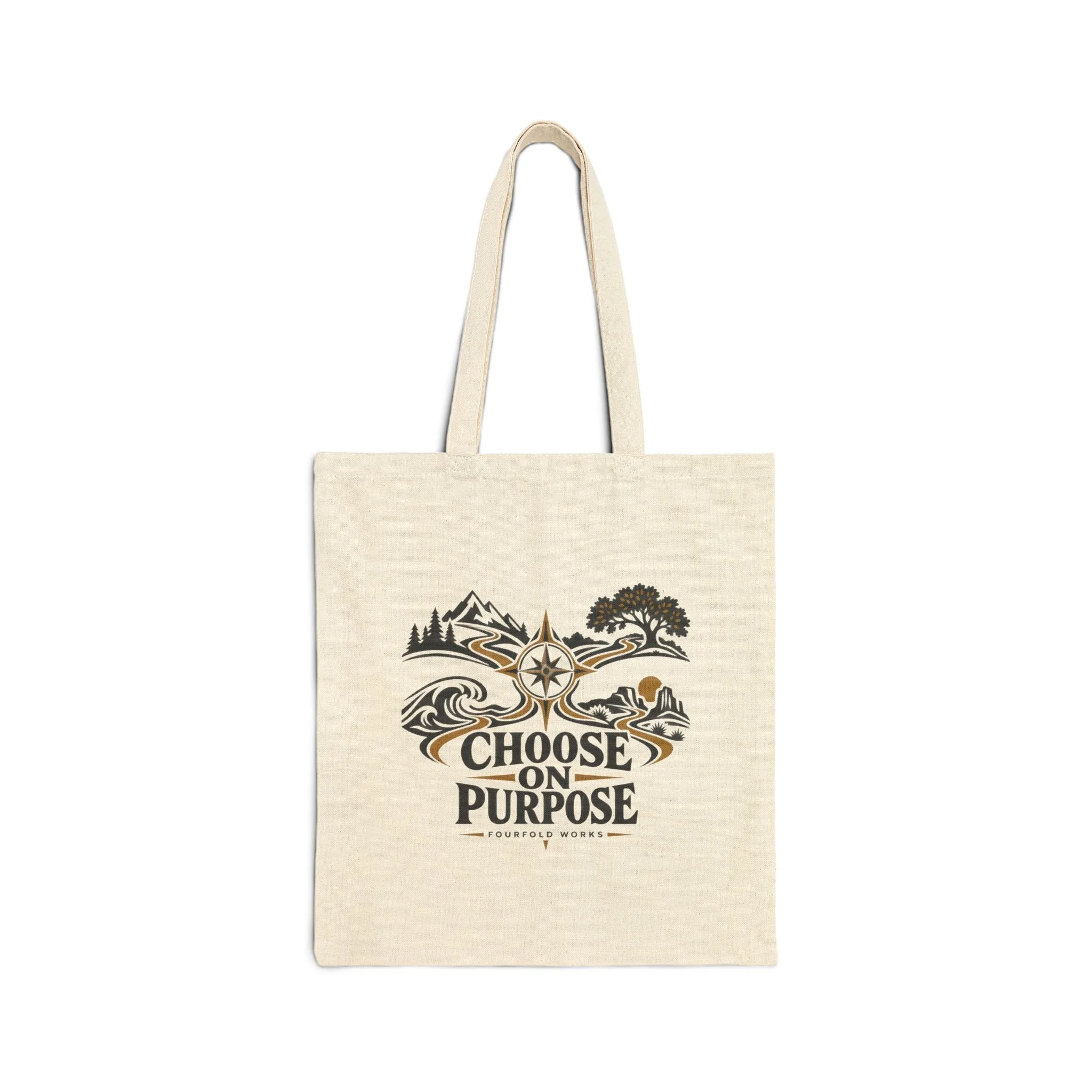 Natural Choose on Purpose canvas tote, flat front view showing the compass illustration and complete lettering.