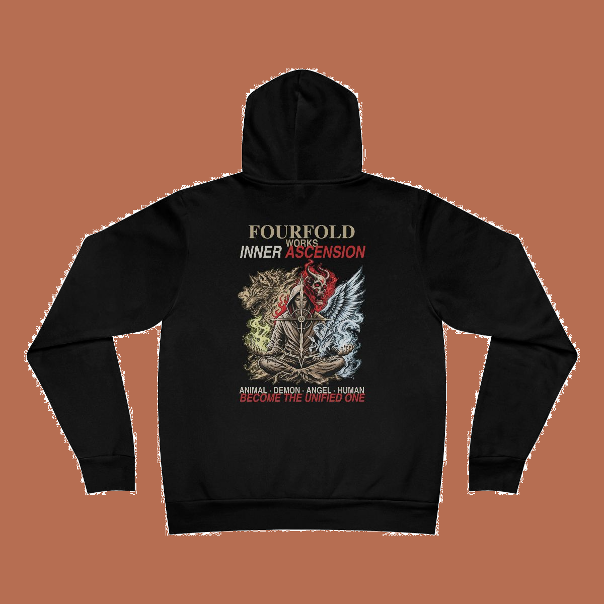 Black Bella+Canvas 3719 Inner Ascension hoodie back on terracotta, complete approved graphic