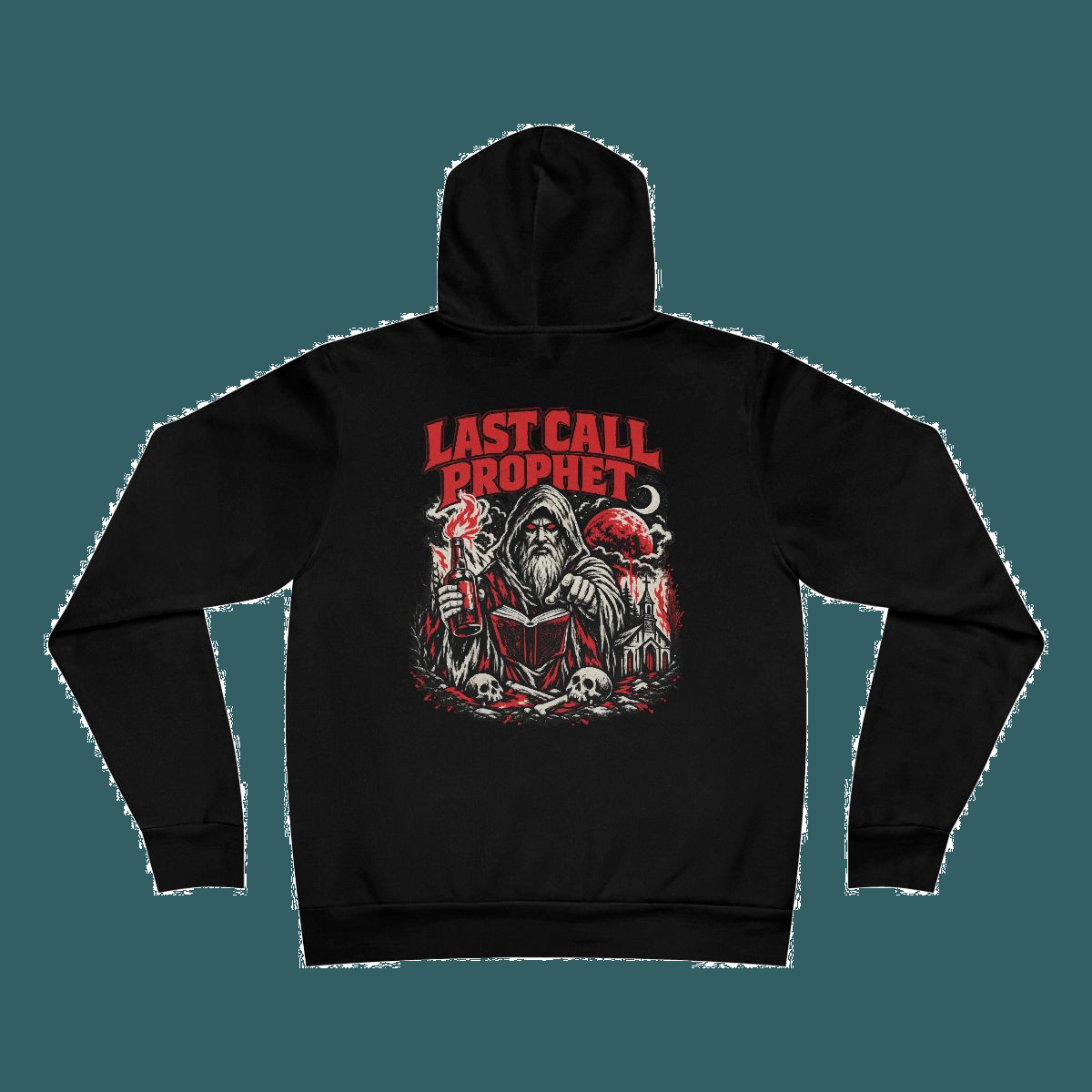 Black Bella+Canvas 3719 Last Call Prophet hoodie back on teal, complete approved gothic artwork.