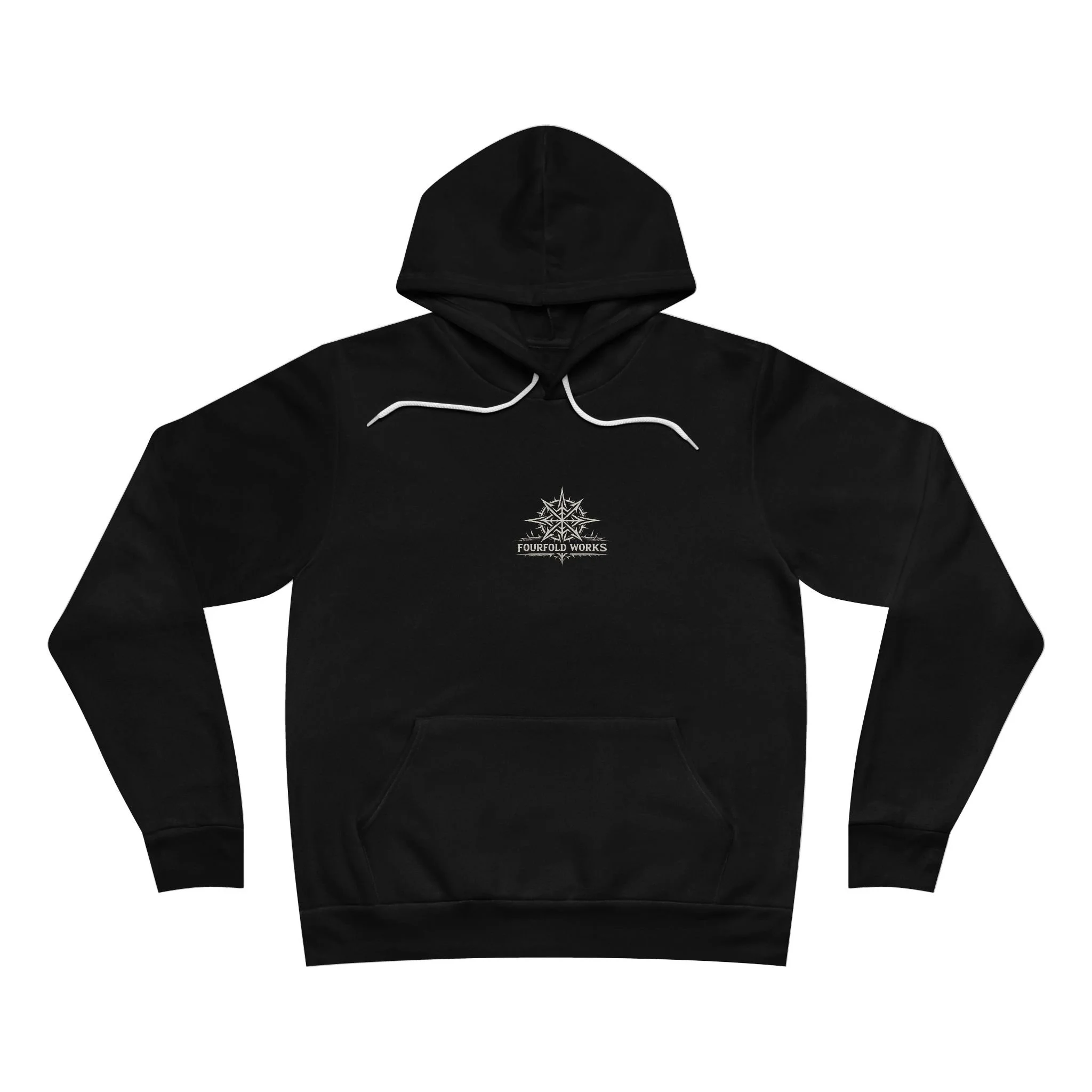 Black Bella+Canvas 3719 Last Call Prophet hoodie front with Fourfold Works emblem.