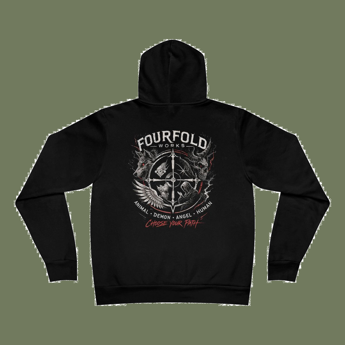 Black Bella+Canvas 3719 Choose Your Path hoodie back on muted moss, complete approved artwork and wording.