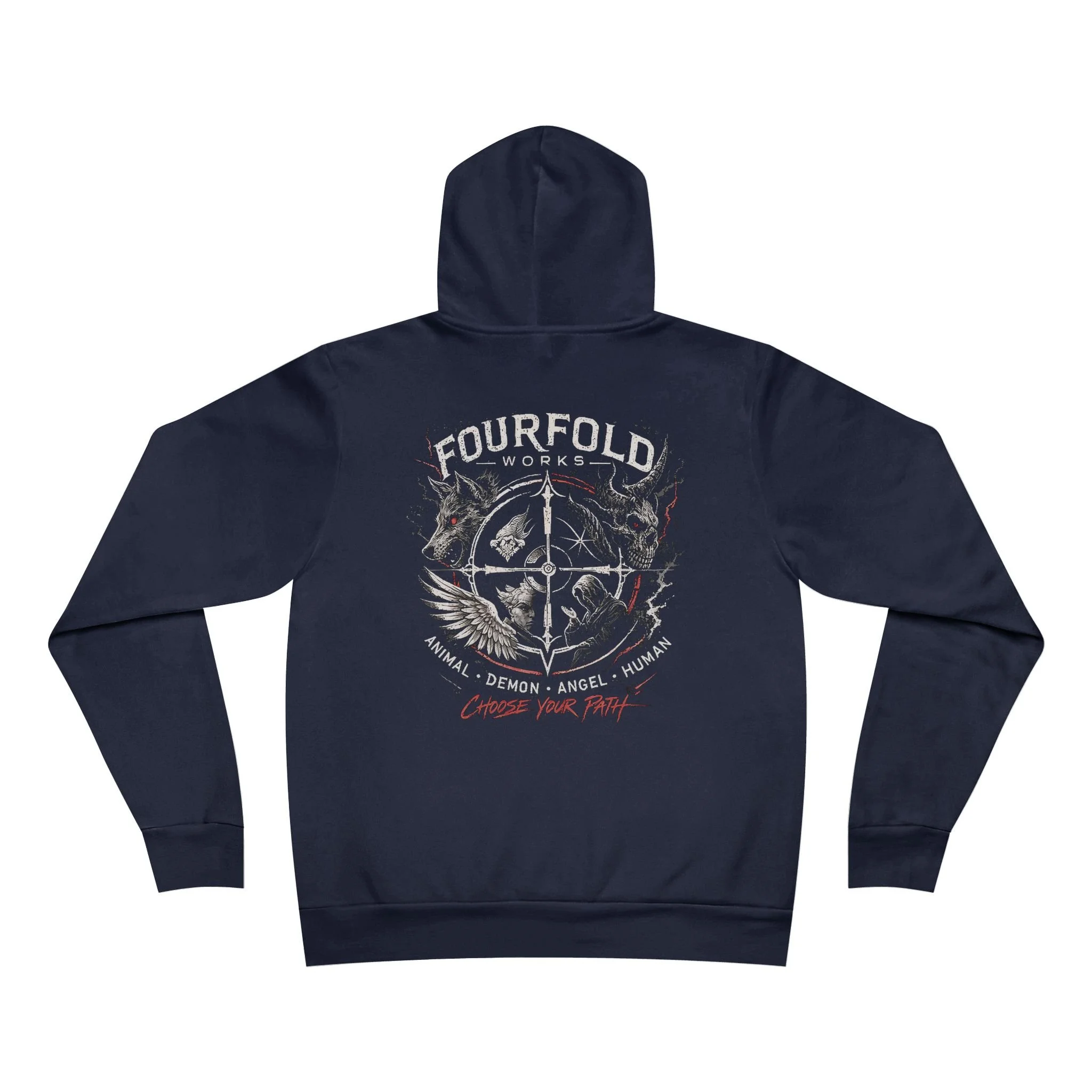 Navy Bella+Canvas 3719 Choose Your Path hoodie back, complete enlarged artwork and wording.