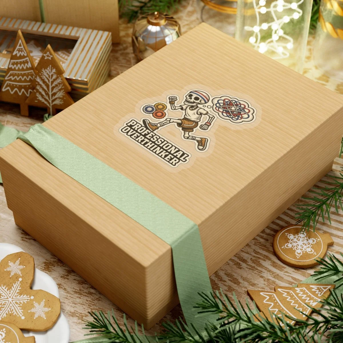 Professional Overthinker decal on a gift box in the supplier context scene.