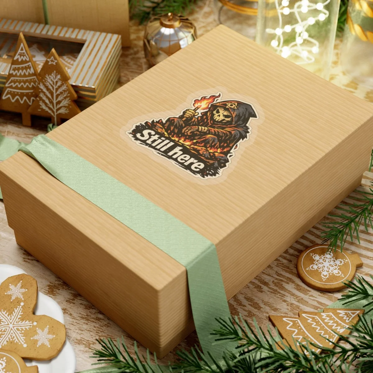Still Here sticker on a gift box in the supplier context scene.