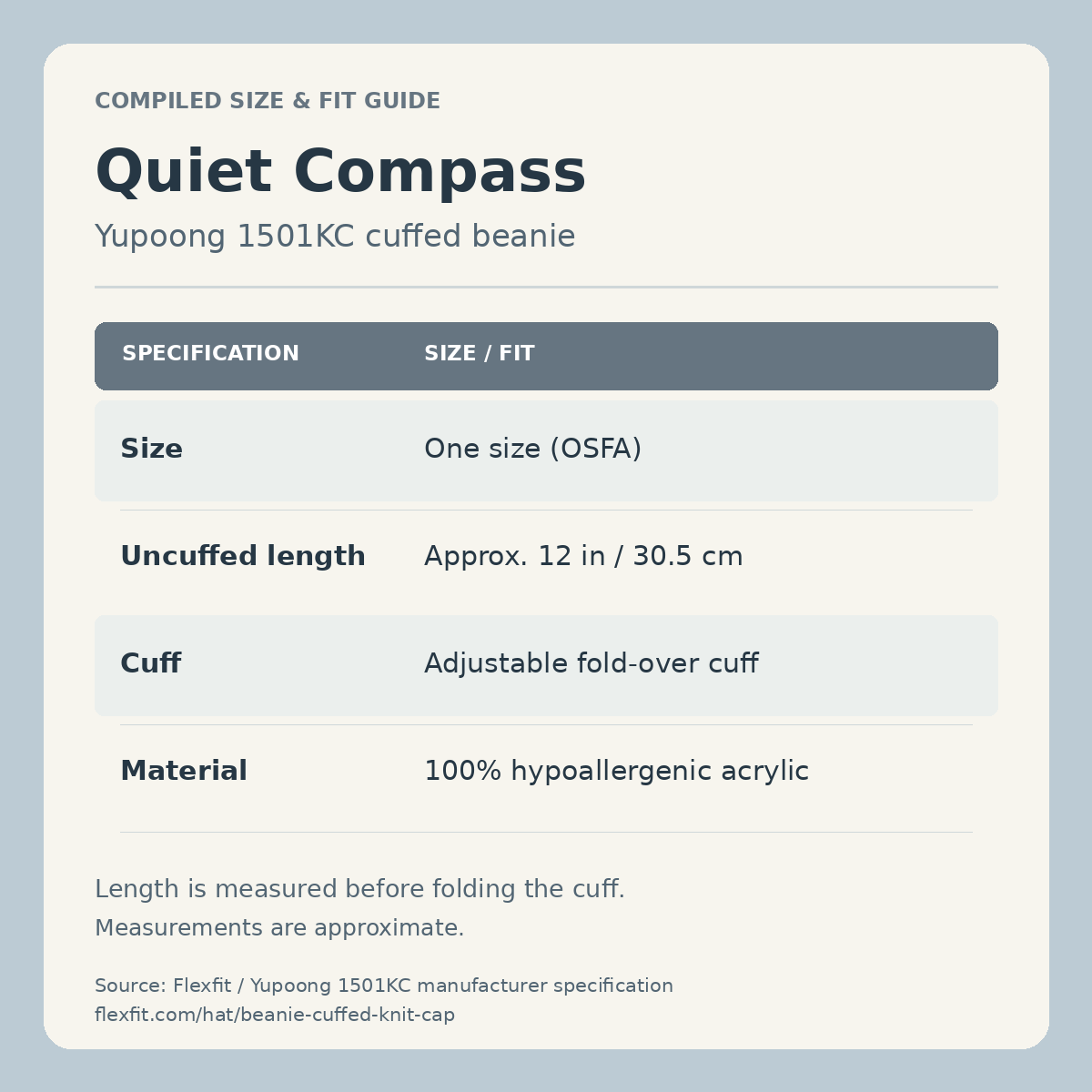 Quiet Compass beanie fit guide compiled from Flexfit/Yupoong 1501KC specifications: One Size OSFA, approximately 12 inches uncuffed, with an adjustable foldover cuff.