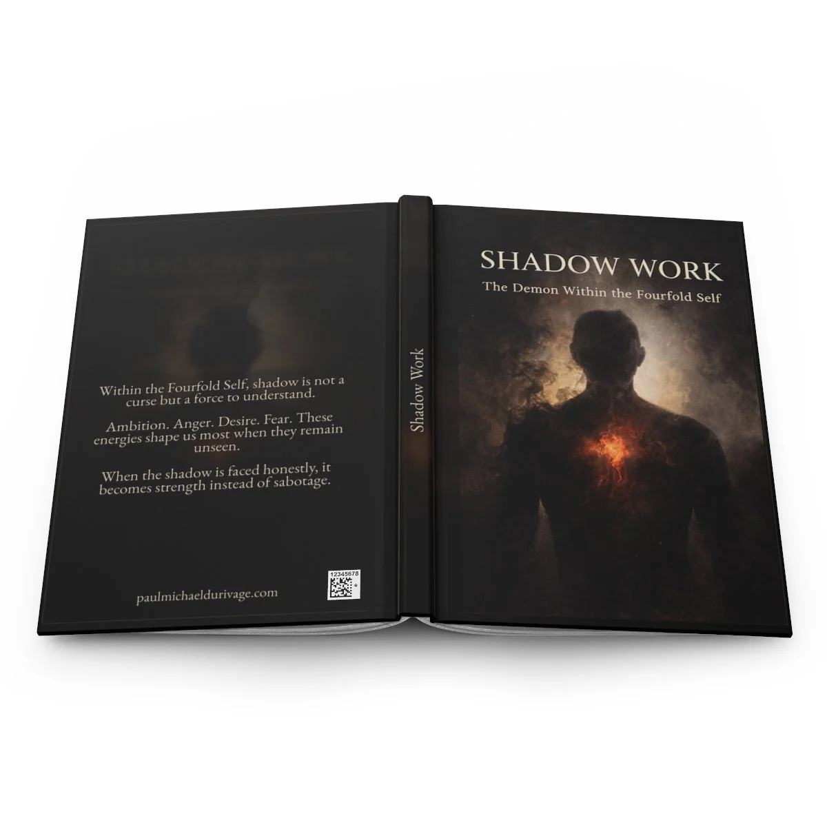 Shadow Work lined journal full outer cover, showing the front artwork, spine, back text, and production barcode.
