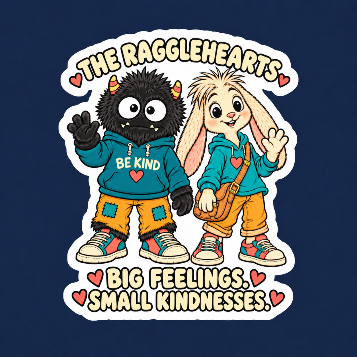 Complete The Ragglehearts sticker on navy, showing Bimble, Loppin and Big Feelings. Small Kindnesses. lettering.