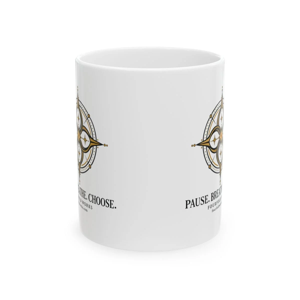 White 11 oz Pause. Breathe. Choose. mug front wrap view, showing compass artwork curving around the ceramic body.