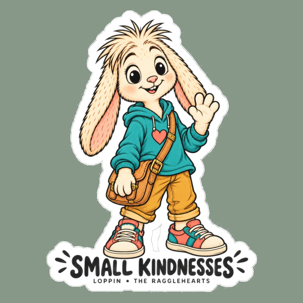 Loppin Ragglehearts sticker on muted sage, complete approved cream fur, teal heart hoodie, tan satchel, ochre trousers and Small Kindnesses lettering.