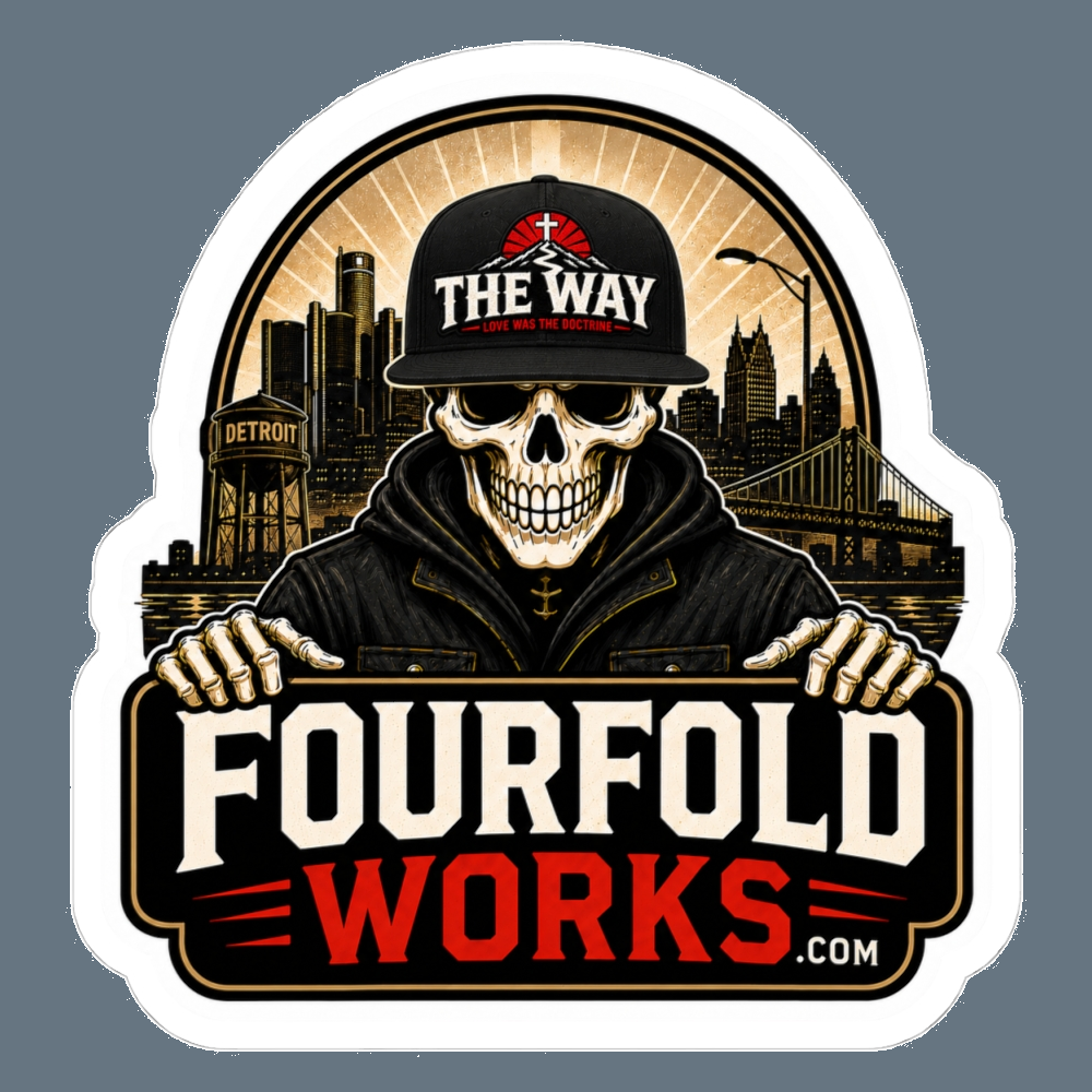 Fourfold Works skull logo sticker on slate blue, full approved hooded skeleton, cap, skyline and lettering with the original cut contour.