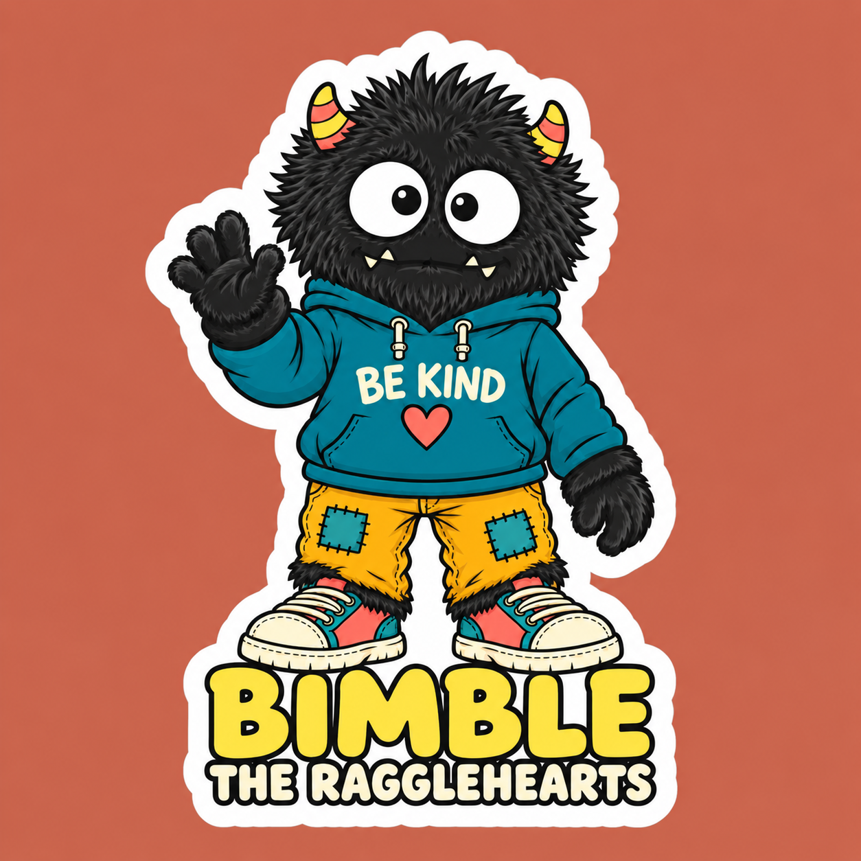 Complete black-furred Bimble Be Kind Ragglehearts sticker on terracotta with full character and lettering.