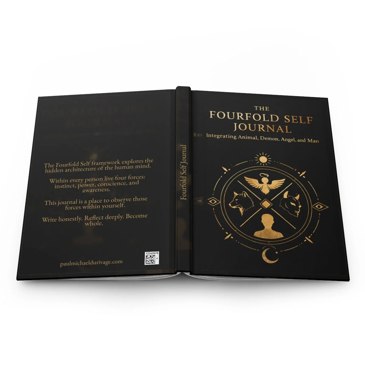 Fourfold Self lined journal full outer cover, showing the front compass artwork, spine, back text, and production barcode.