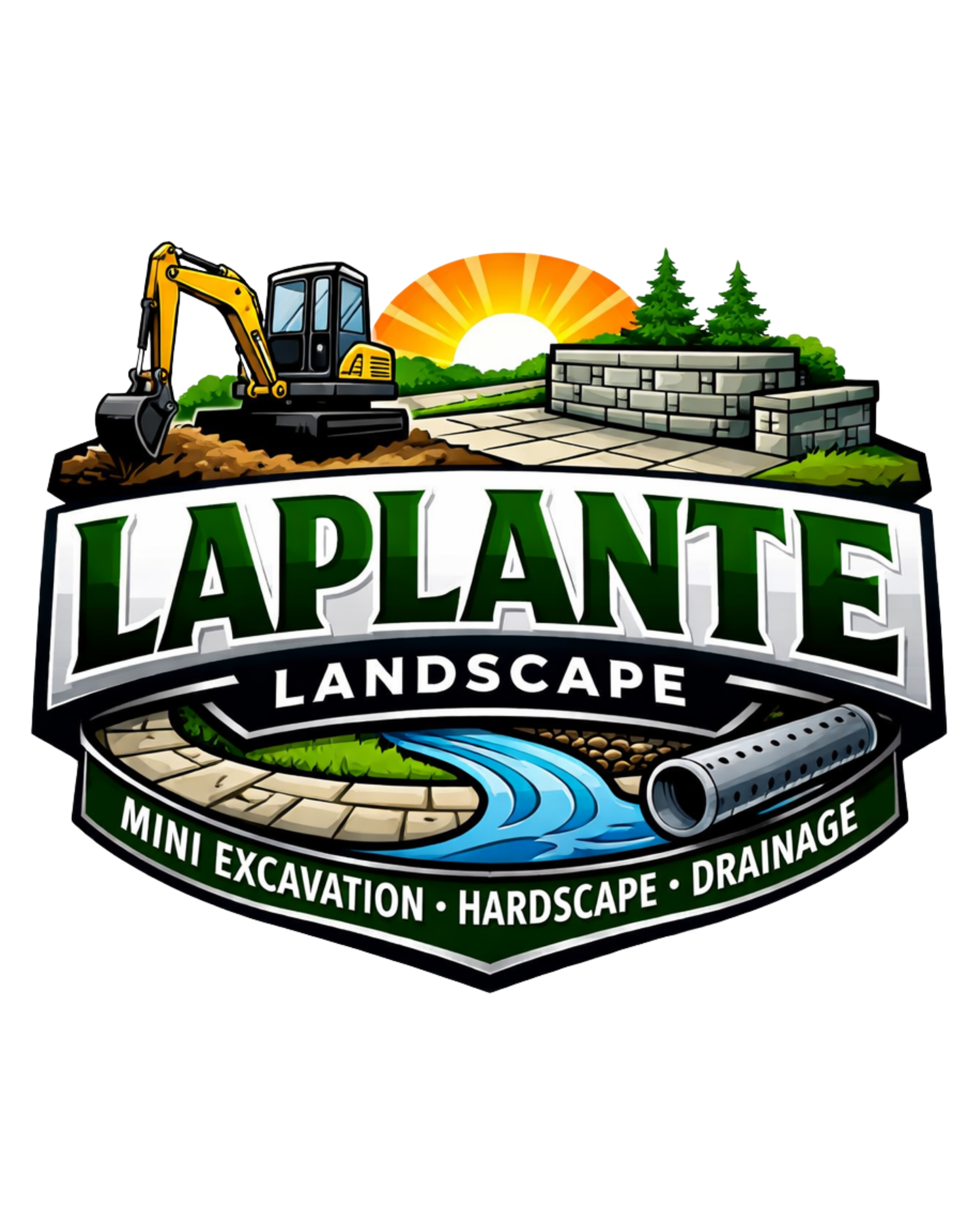 Construction logo with a grader, setting sun, trees, and a drainage pipe, featuring the words 'Landscaping, Mini Excavation, Hardscape, Drainage'.