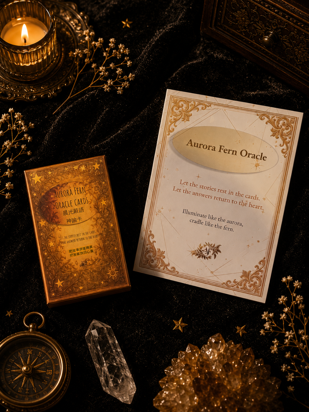 Aurora Fern Oracle deck with celestial gold details and symbolic reflective cards