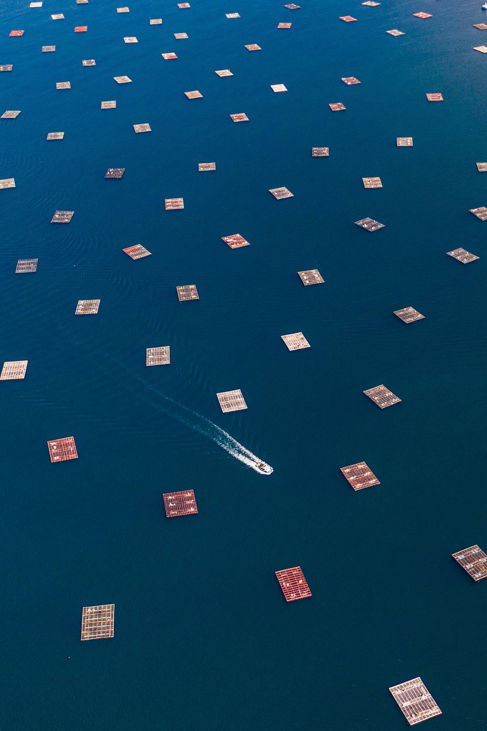 Aerial view of a body of water with numerous floating solar panels and a small boat creating ripples as it moves through the water.